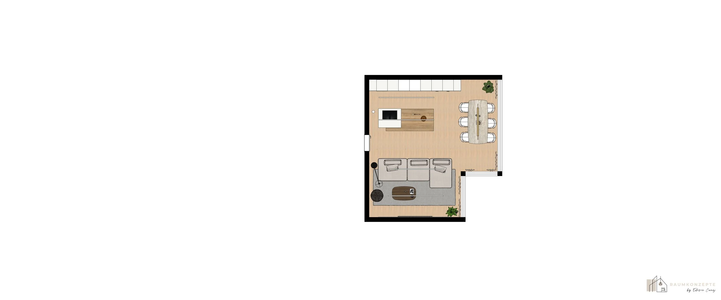 3D-Grundriss eines modernen Wohnkonzepts mit offener Küche, Essbereich und Wohnbereich zur optimalen Raumplanung.