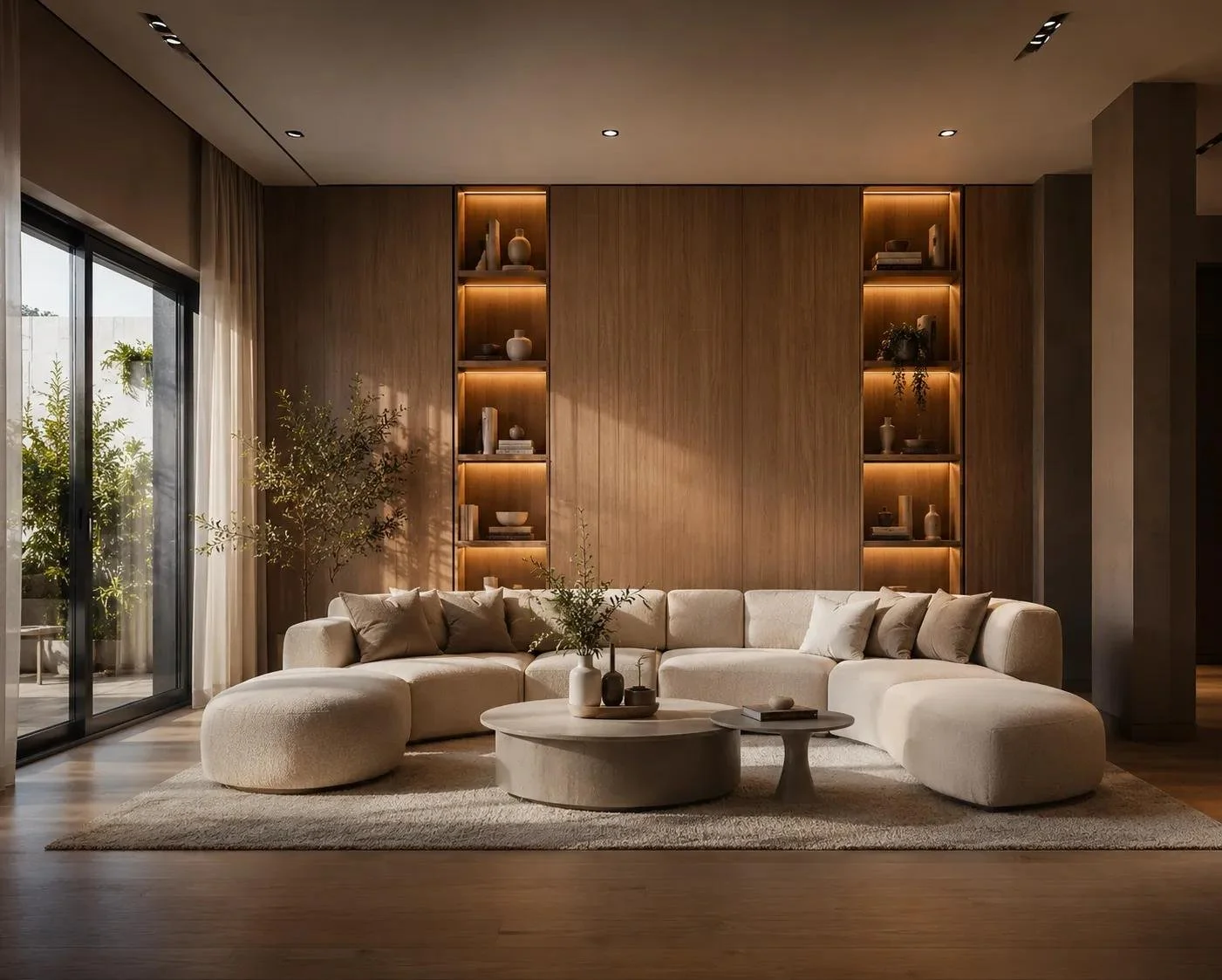 Luxuriöser Wohnbereich mit beiger Sofalandschaft, Nussbaum-Wandverkleidung und warm beleuchteten Regalen. Indirekte LED-Beleuchtung schafft eine harmonische Raumatmosphäre.