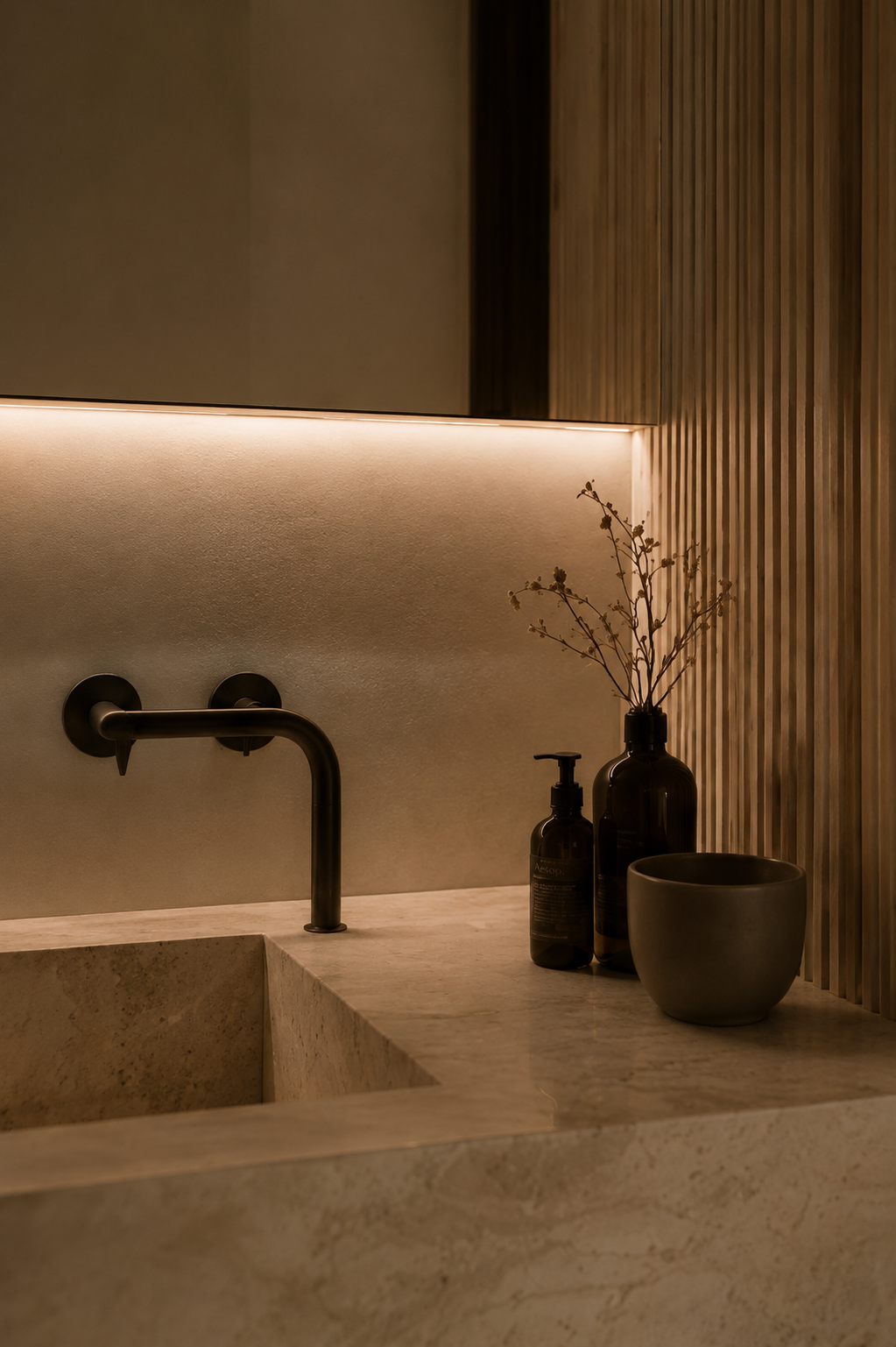 Innenaufnahme eines Badezimmers mit Marmor-Waschtisch, schwarzen Armaturen, zwei schwarzen Flaschen, einer Vase mit Zweigen und einer grauen Schale, warme Beleuchtung und Holzpaneelen