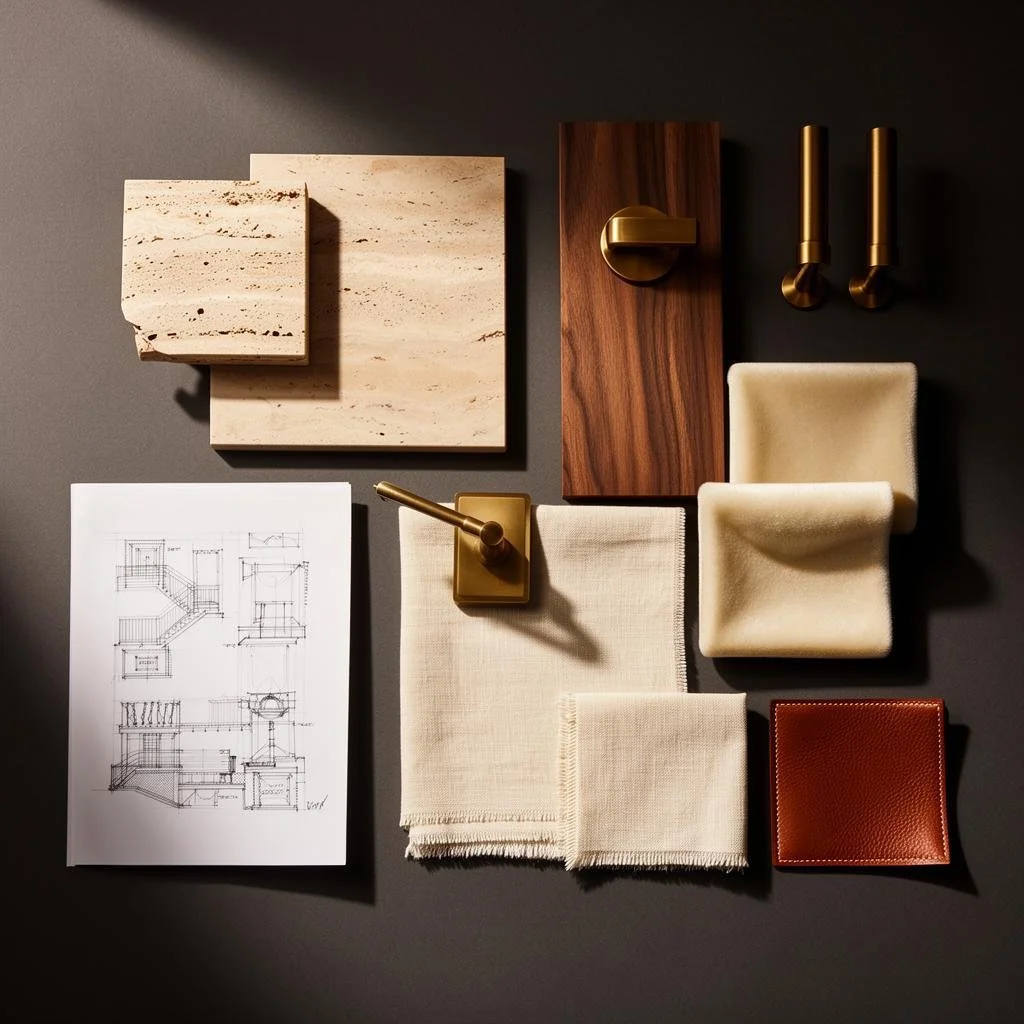Interior-Design-Moodboard mit Naturstein, Holzmustern, Textilien, Farbmustern und Messingelementen für ein harmonisch abgestimmtes Materialkonzept.