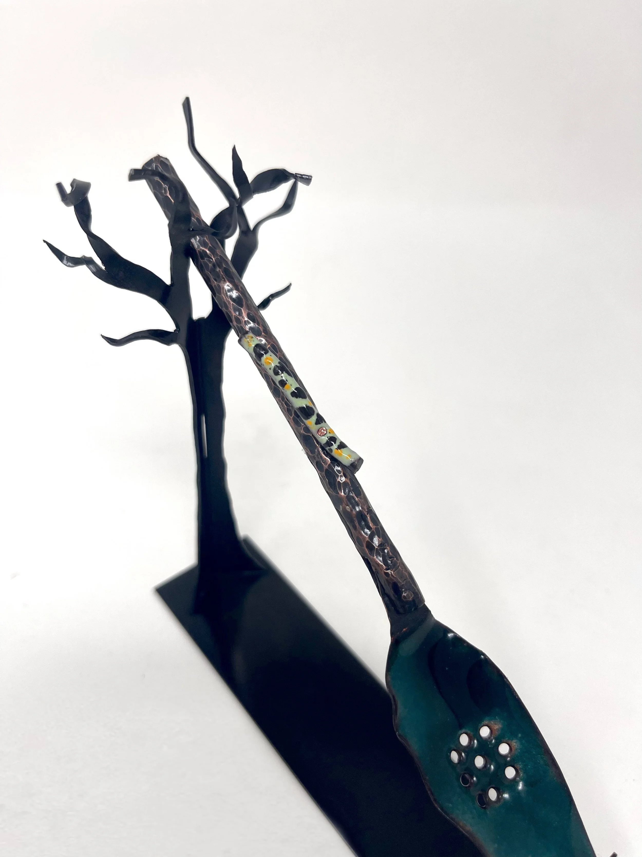 Copper Enamel Olive Spoon with Holder- Close Up