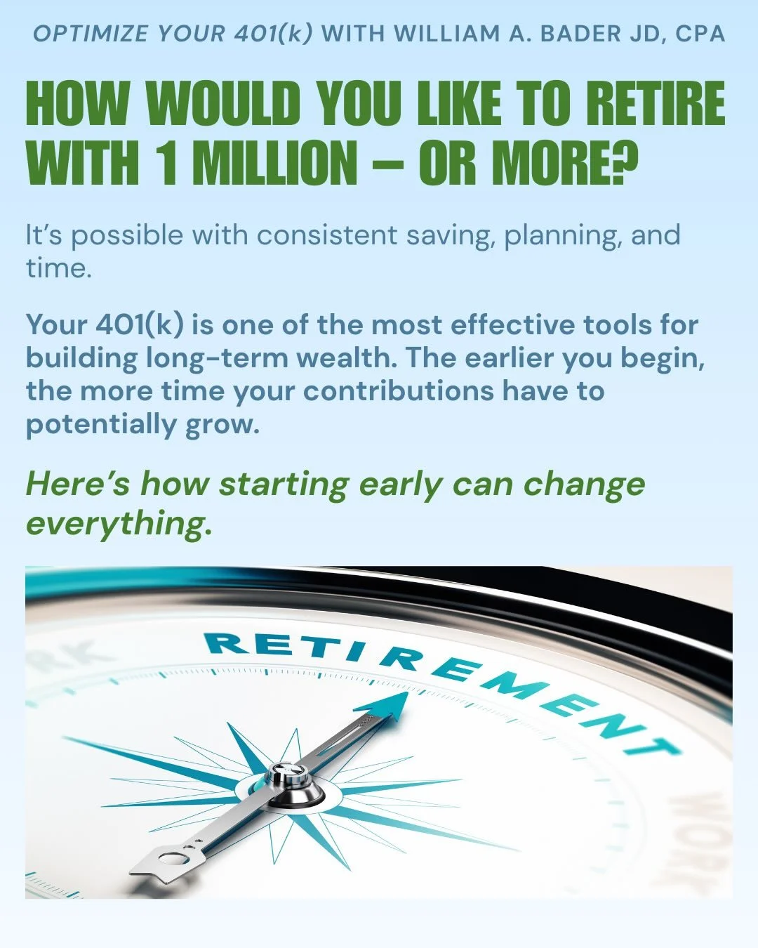 Want to retire with $1 million, or even more?
Consistency + time can make all the difference.

Don (a hypothetical example) saved $5,000/yr starting at 25.

With a 10% average annual return and beginning-of-year contributions, his balance could grow 