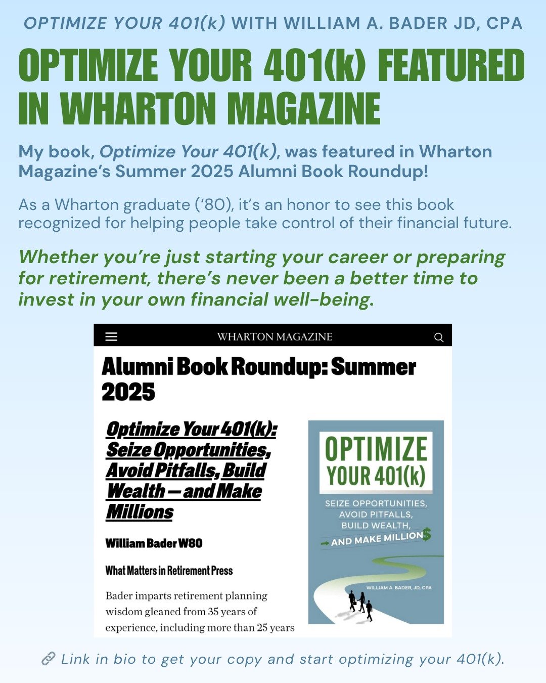 Honored to share that Optimize Your 401(k) was featured in Wharton Magazine&rsquo;s Summer 2025 Alumni Book Roundup.

As a Wharton alumnus, it&rsquo;s incredibly meaningful to see this book recognized for its mission: helping people take control of t
