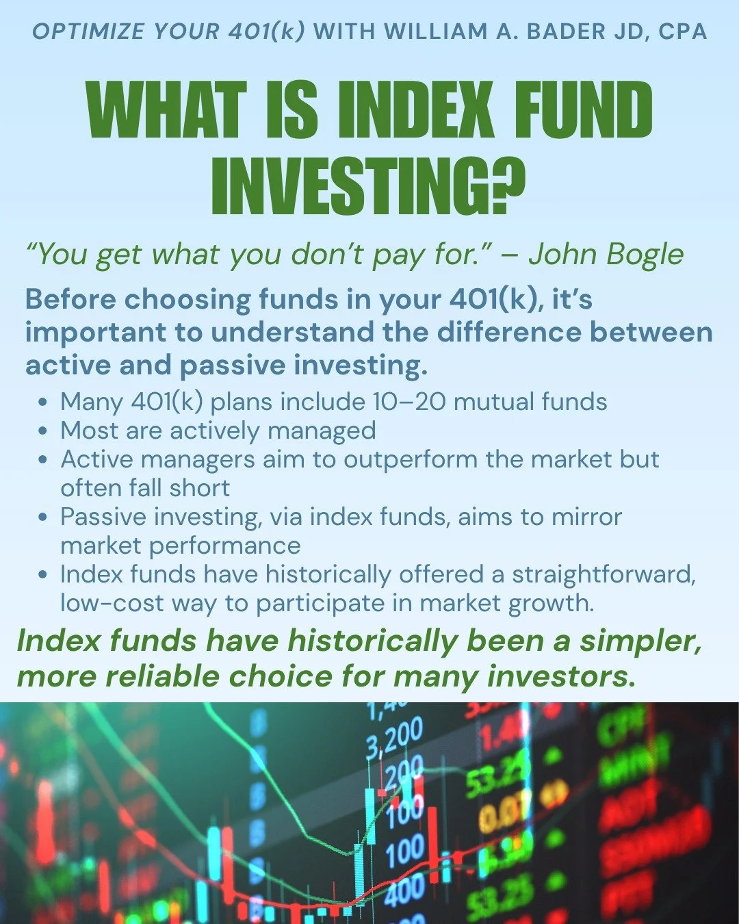 Curious about the difference between index funds and active funds?

Index funds are designed to track the performance of a market index &mdash; such as the S&amp;P 500 &mdash; rather than trying to outperform it through individual stock picking.

Man