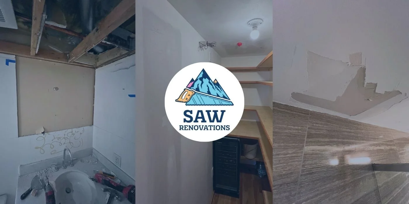 drywall renovation images with the SAW Renovations logo overlayed
