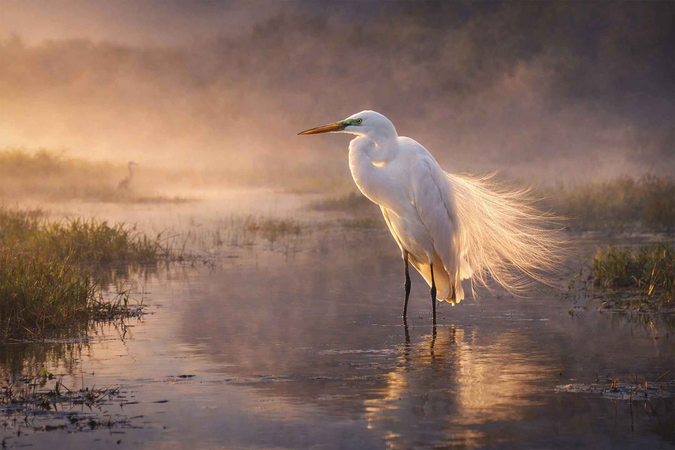Egret at sunrise in misty wetlands 72.jpg