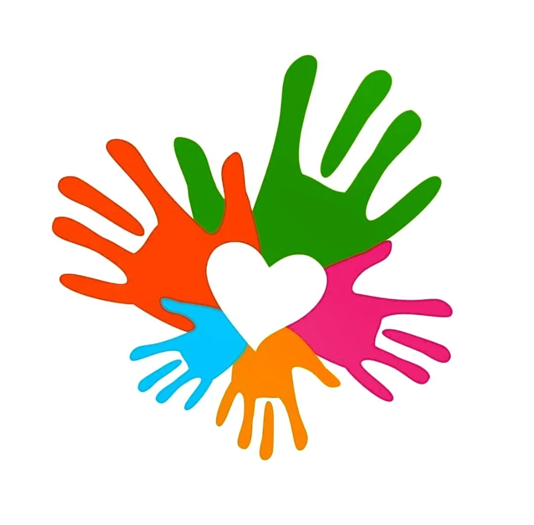 Colorful illustration of six handprints arranged in a circle with a white heart in the center on a white background.
