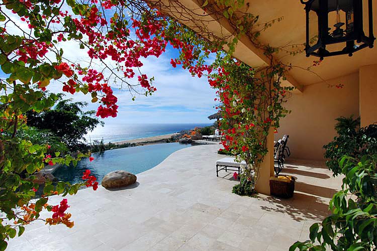 Scenic view of an infinity pool overlooking the ocean, framed by red flowering vines on a patio with light-colored tiles.