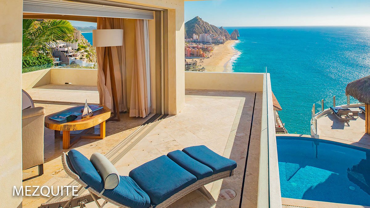 Luxury oceanfront terrace with a view, featuring a chaise lounge, private pool, palm trees, and a scenic coastline.