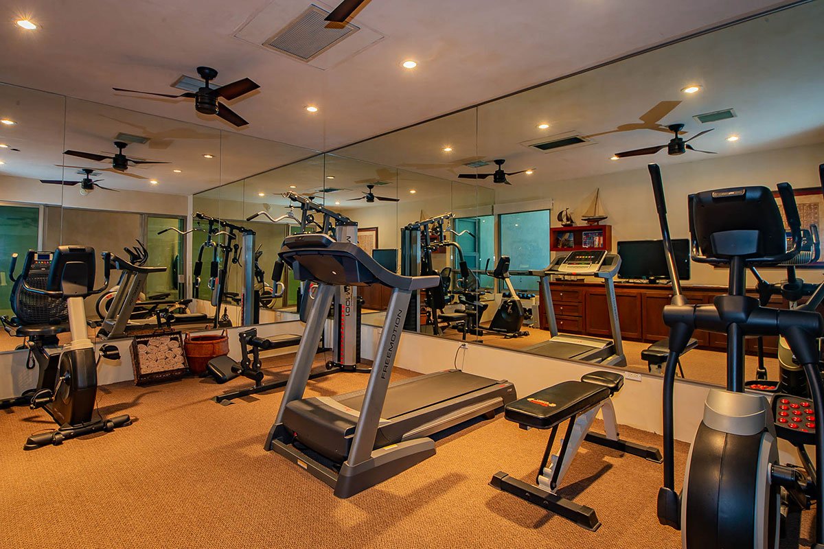 Home gym with exercise equipment, including treadmill, stationary bike, weight bench, and wall mirrors.