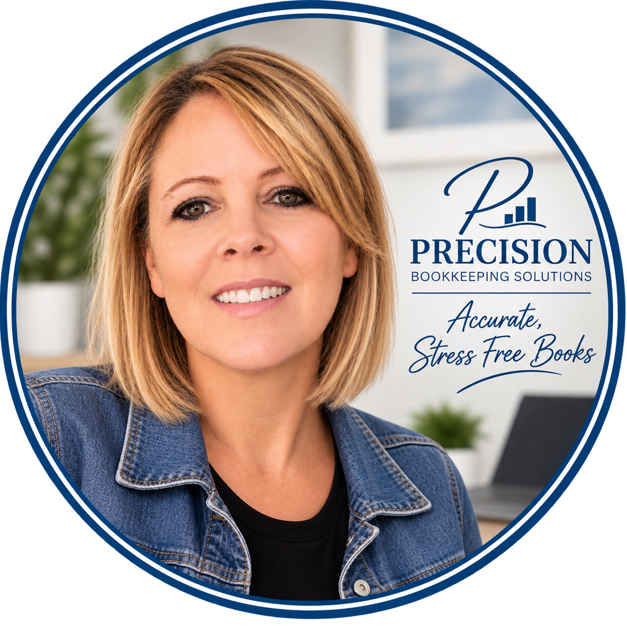 A woman with blonde hair smiling, wearing a denim jacket, is featured in a promotional image for Precision Bookkeeping Solutions with the tagline "Accurate, Stress Free Books."