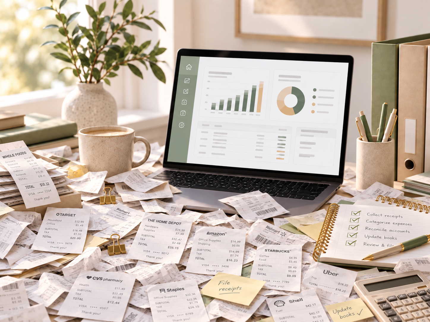 Messy desk with receipts, a laptop displaying graphs and charts, a notebook with to-do list, coffee mug, paper clips, pens, binders, and a houseplant.