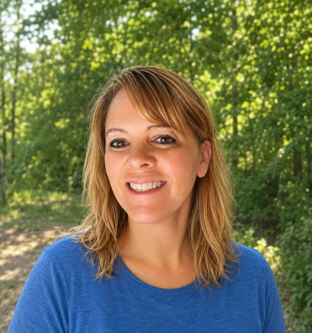 A woman with shoulder-length blonde hair smiling outdoors in a green, leafy setting, wearing a blue shirt.