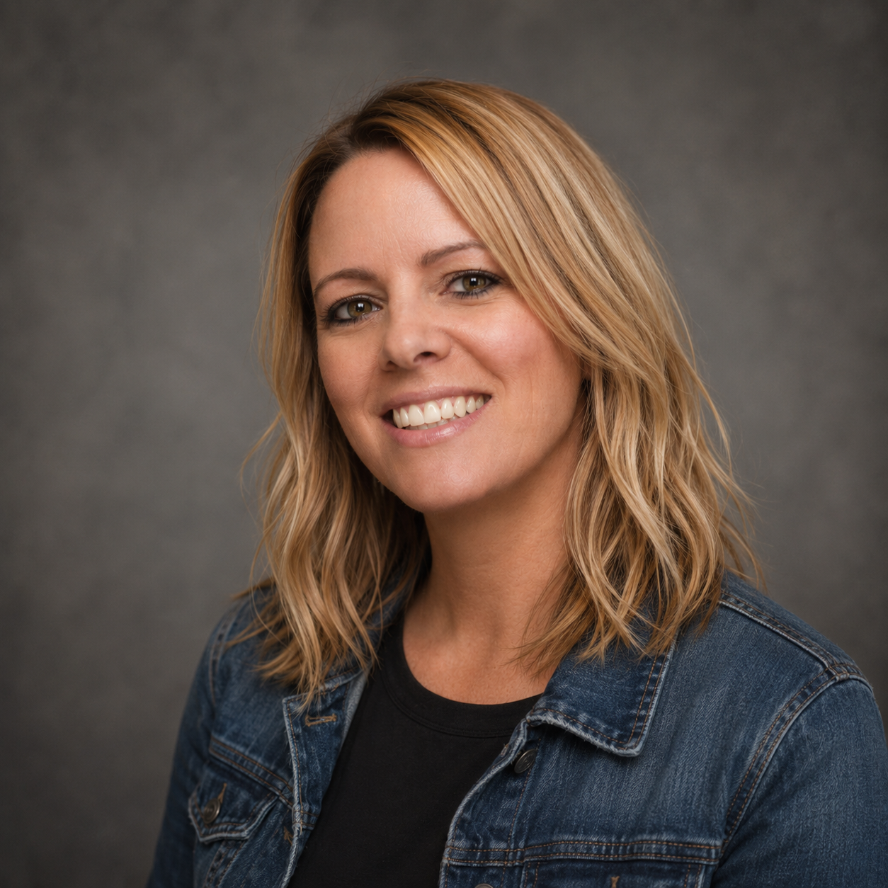 Portrait of a woman with wavy blonde hair wearing a denim jacket and black top, smiling against a gray background.