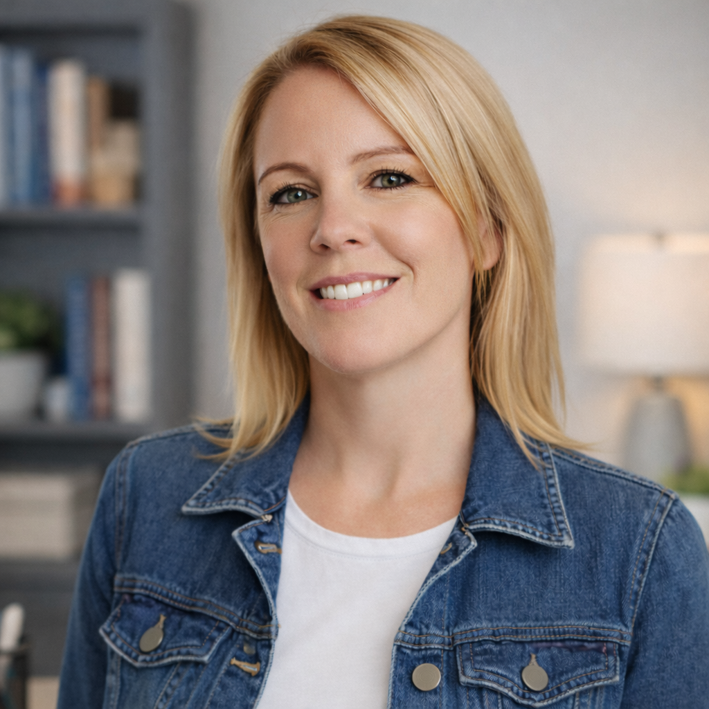 A woman with blonde hair wearing a denim jacket and white shirt, smiling inside a room with a bookshelf and lamp in the background.