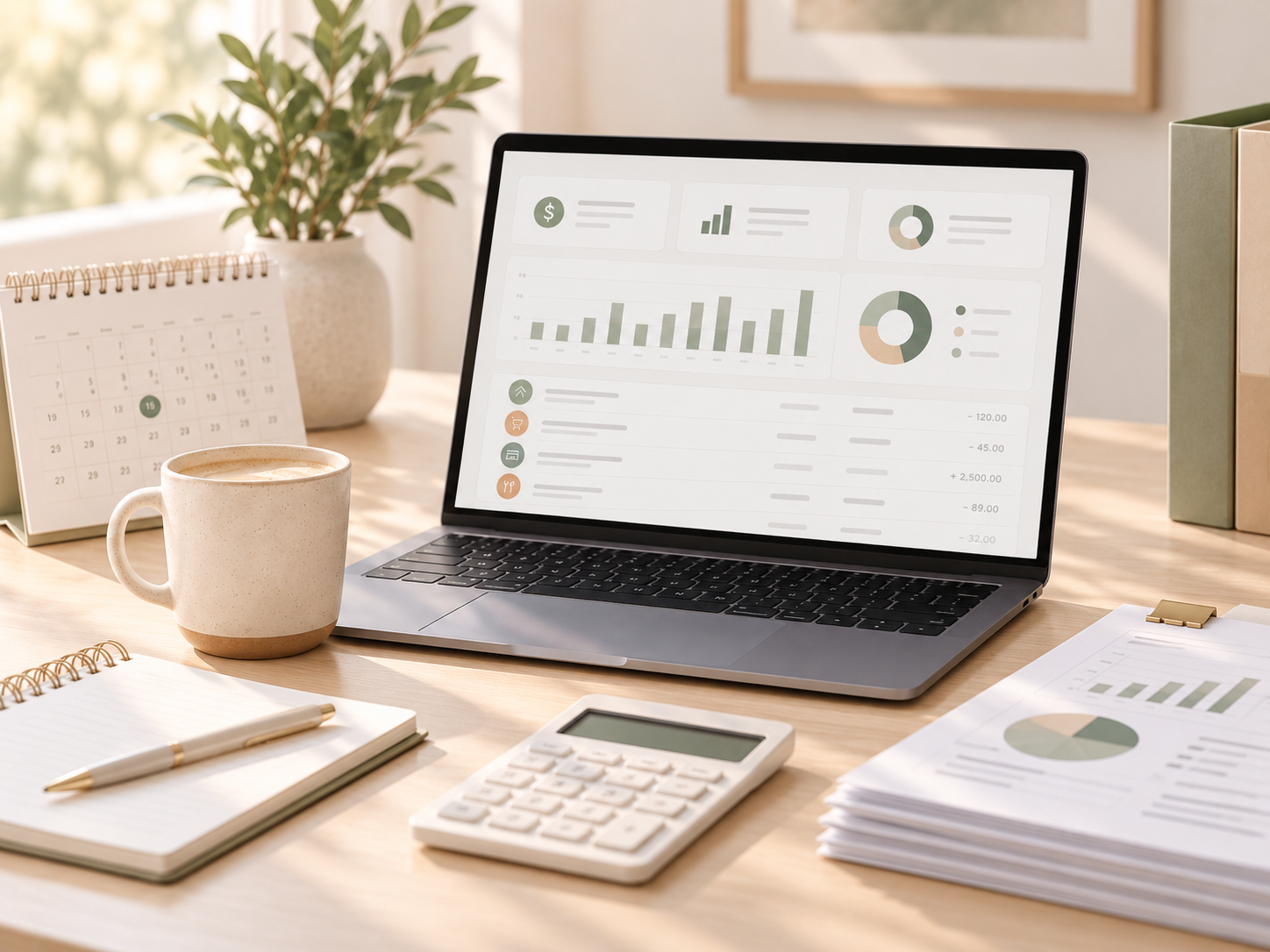 Work desk with a laptop displaying financial charts, a calculator, a notebook with a pen, a mug, a calendar, and some binders.