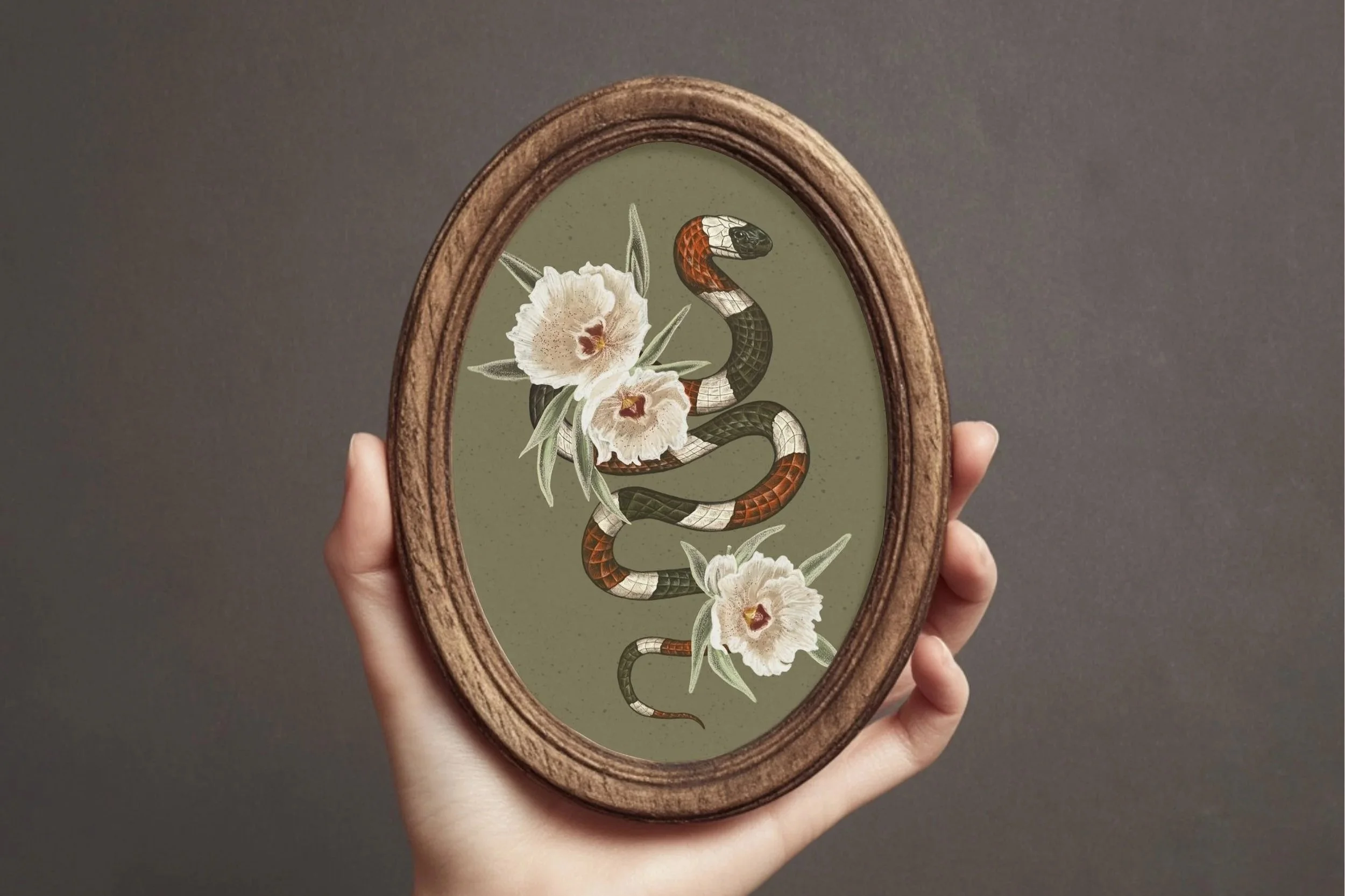 Person's hand holding artwork of a Sonoran Coral Snake and Ghost Flowers in an Oval Frame