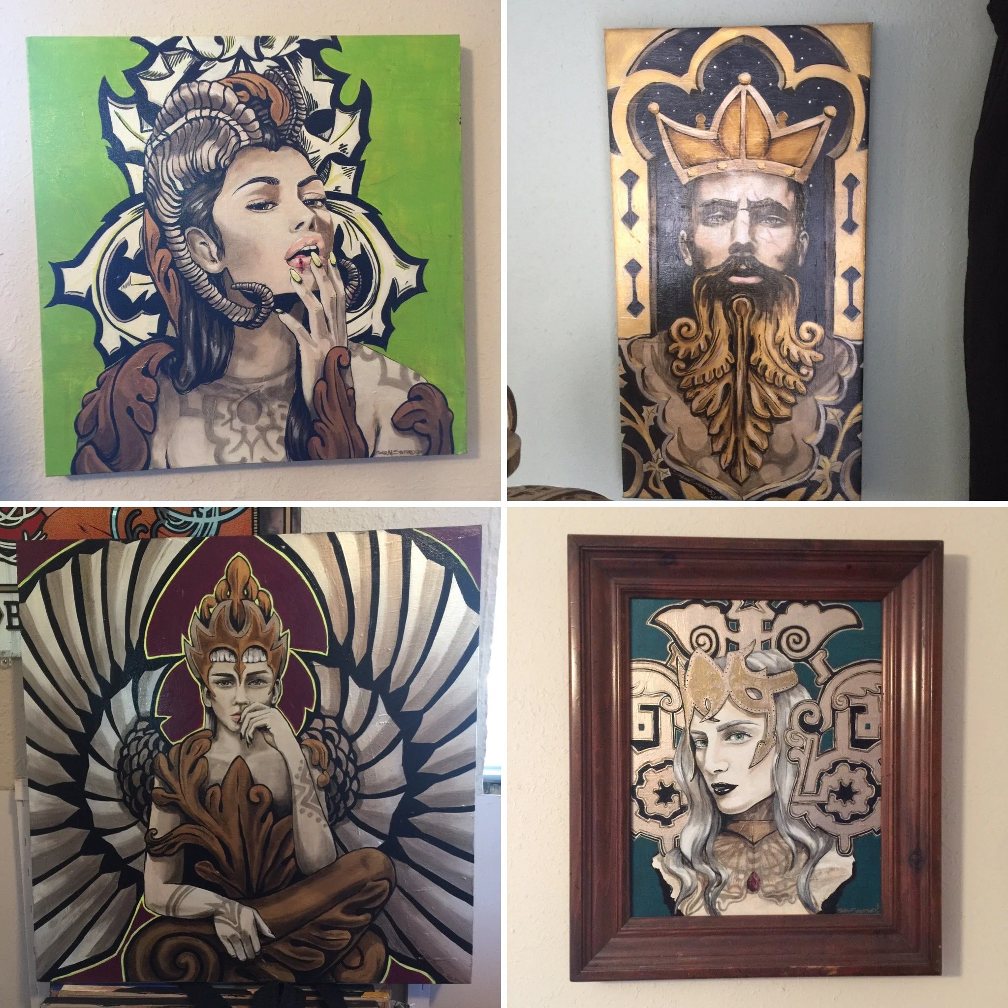 Four paintings depicting fantasy and historical characters displayed on gallery walls.