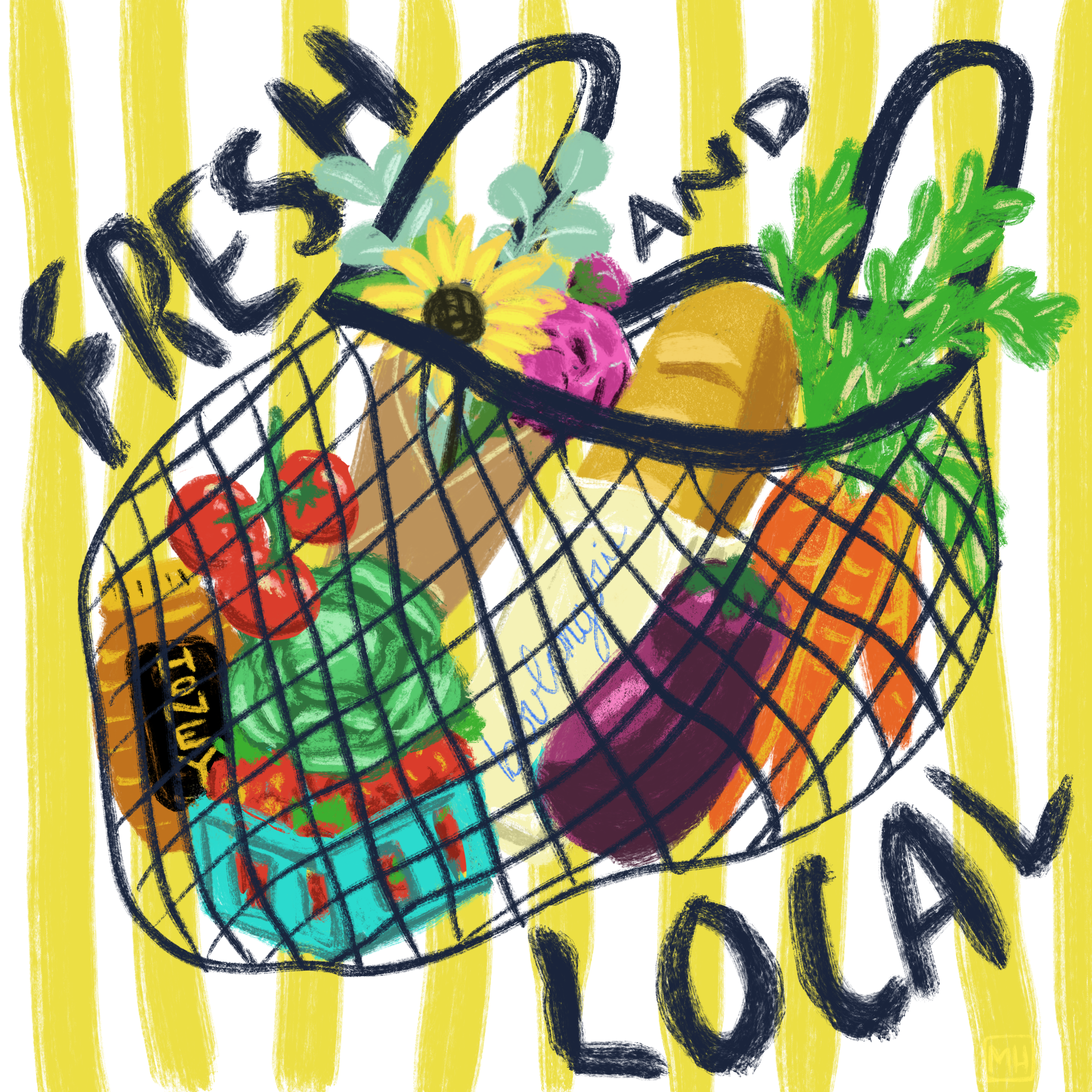 A wire basket filled with fresh vegetables and herbs placed on a yellow striped background with the words 'FRESH LOCAL' written around it.