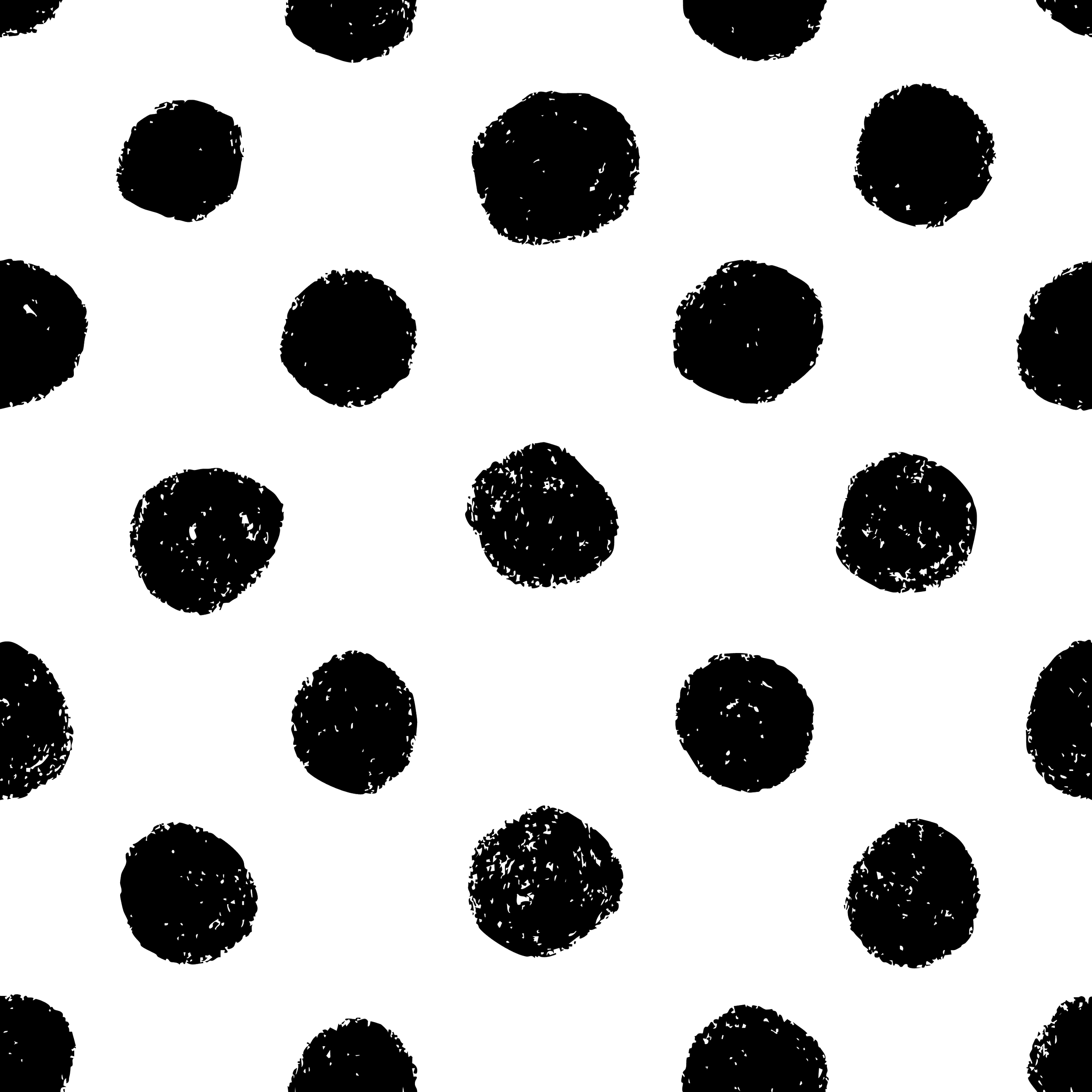 Black background with white, sketchy, circular doodles that resemble fluffy balls, evenly spaced in a pattern.