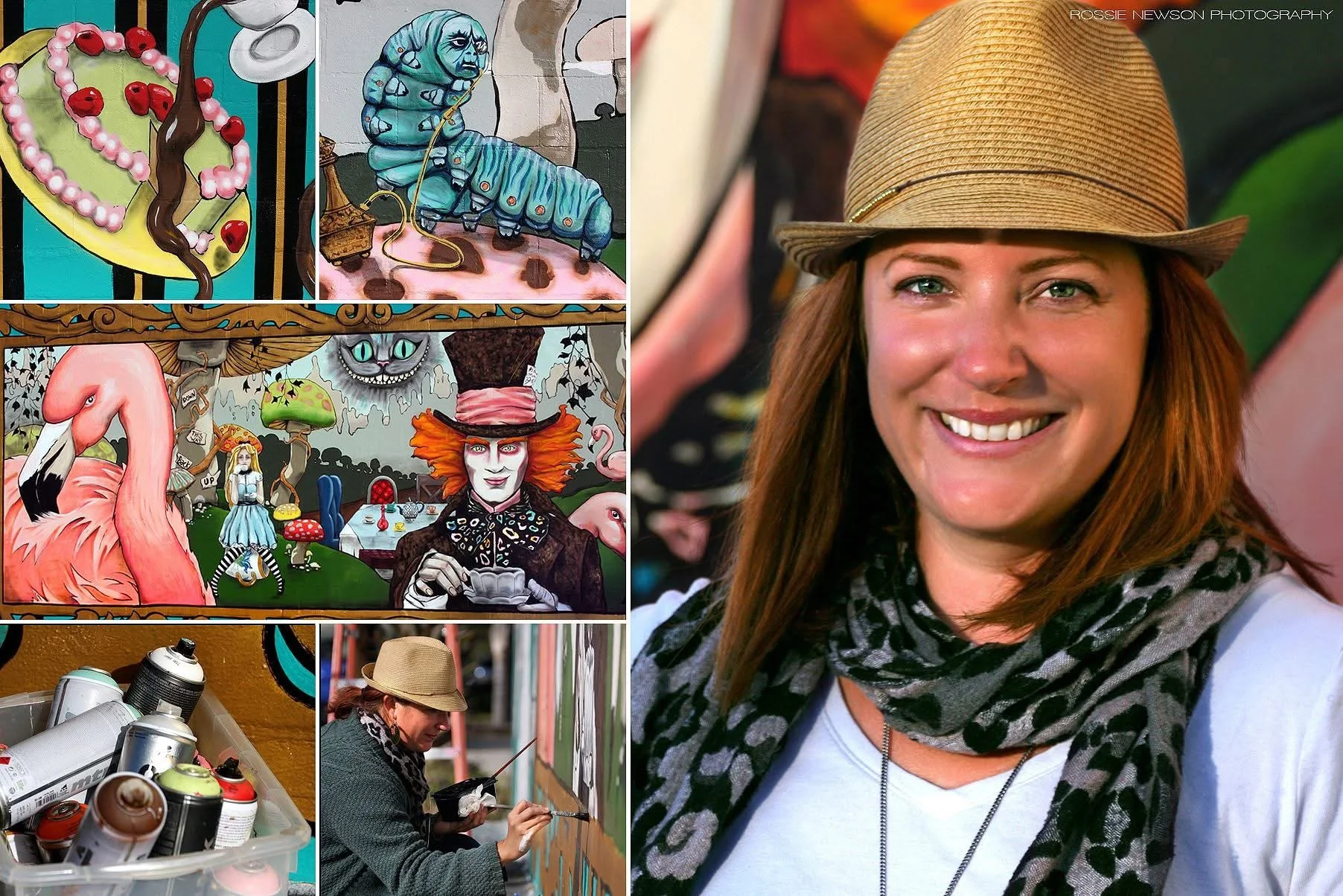 A image featuring Sarah G Sheppard with a straw hat and patterned scarf smiling, she appears to be an artist. The collage includes colorful street art and murals with whimsical and fantasy themes, spray paint cans, and the artist working on a mural.