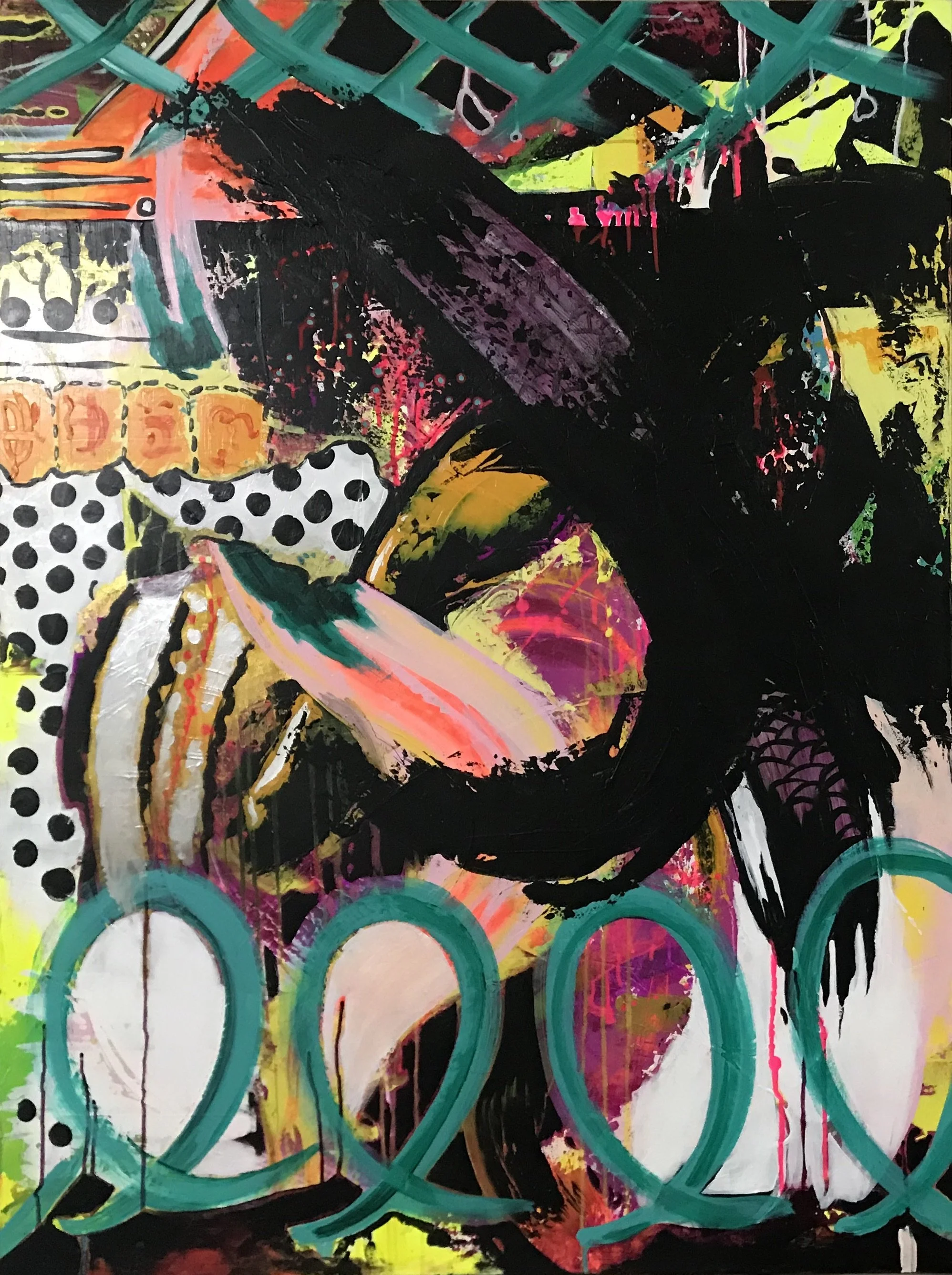 Abstract graffiti artwork with colorful splashes, black brushstrokes, polka dots, and the year '2020' in bold turquoise numbers.