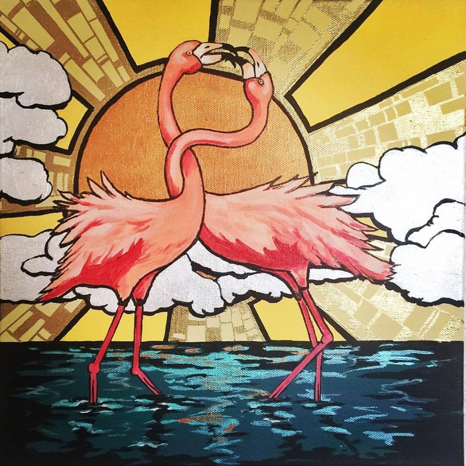 A colorful cartoon-style illustration of two pink flamingos with their necks intertwined, standing in water with a bright yellow sun, cloudy skies, and rays of sunlight in the background.