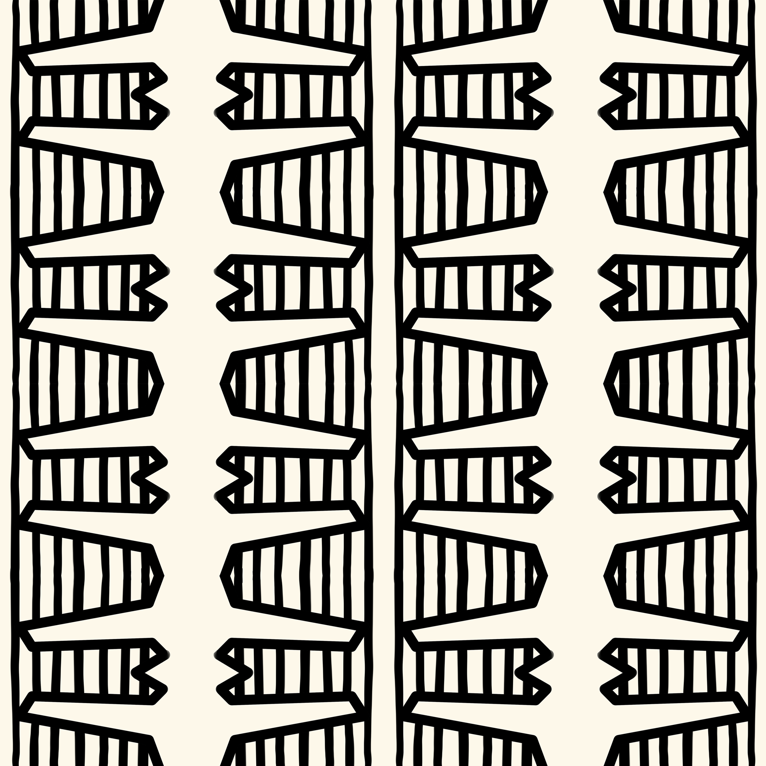 A black and white abstract geometric pattern with zigzag lines and horizontal lines forming a symmetrical, repetitive design.