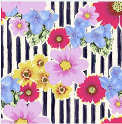 A floral pattern with pink, yellow, red, and blue flowers against a background of black and white vertical stripes.