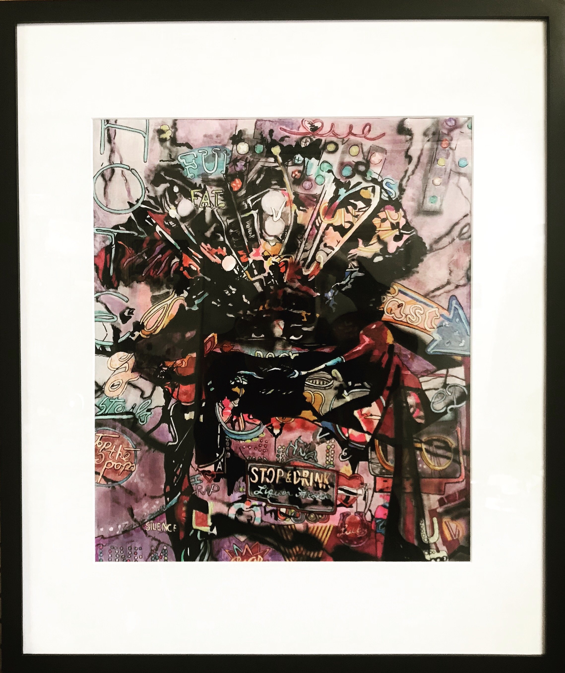 Colorful, abstract graffiti artwork featuring various neon signs and lettering, including a prominent sign that reads 'STOP & DRINK.'