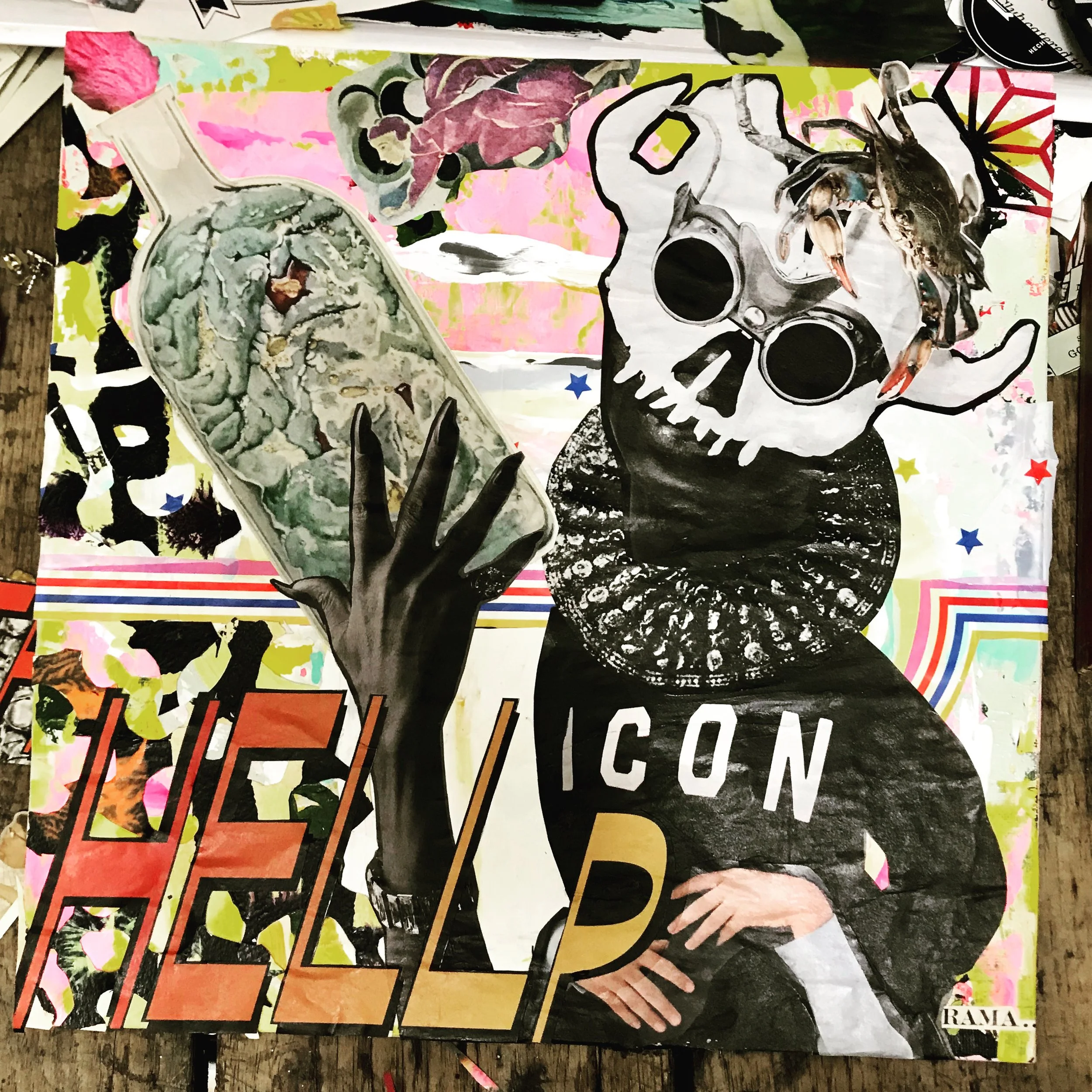 A collage artwork featuring a skeleton with a skull mask, wearing sunglasses, and a woman with a hand holding a dish with organic produce. The background is colorful with stars and patterns, with text saying 'ICON' and 'FEEL' and the name 'RAMA' in t