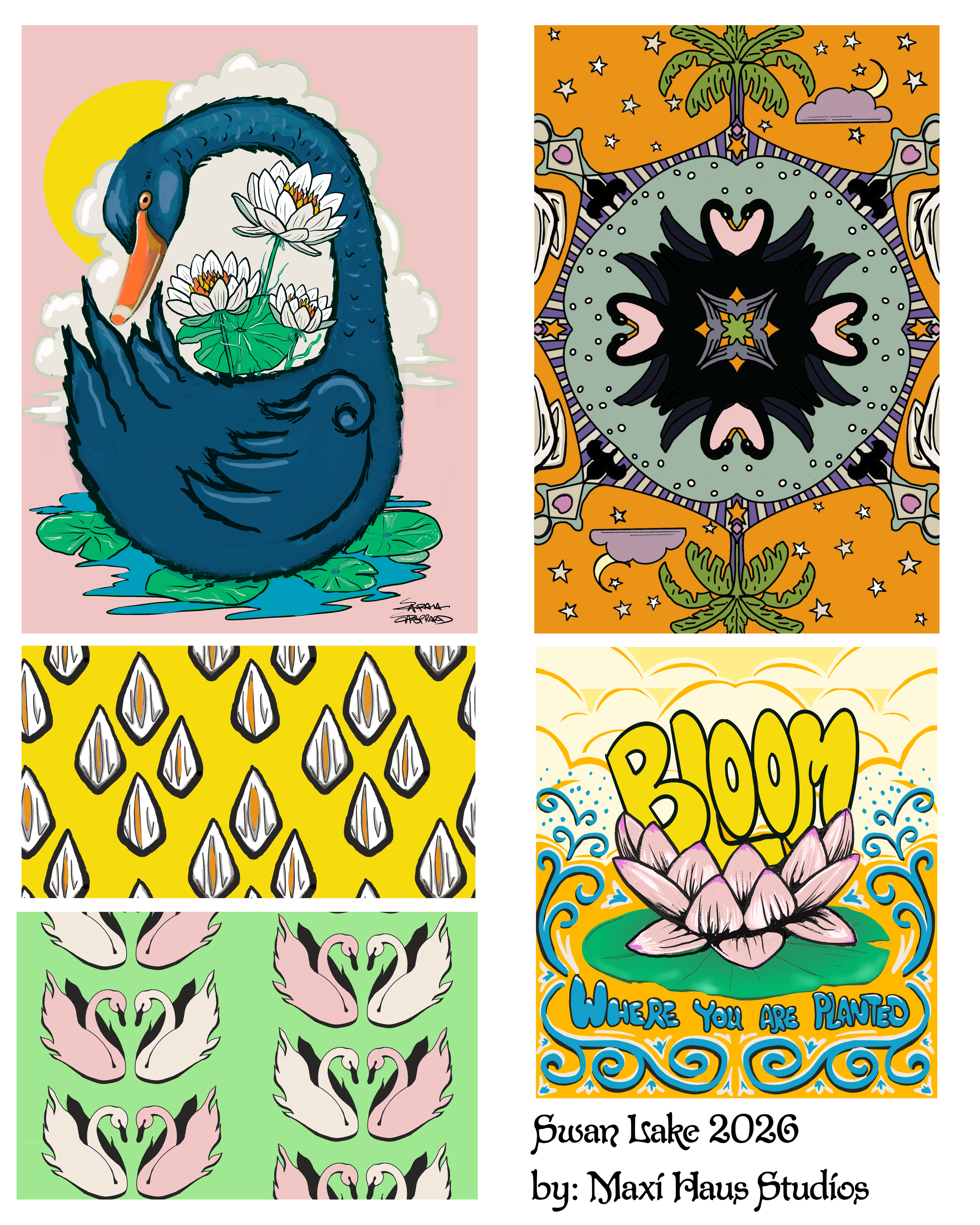 Collection of four colorful, artistic illustrations: a swan with flowers and lily pads on a pink background, a kaleidoscopic pattern with swan shapes on an orange background, a pattern of white and black swans on yellow background, and a pink lotus w