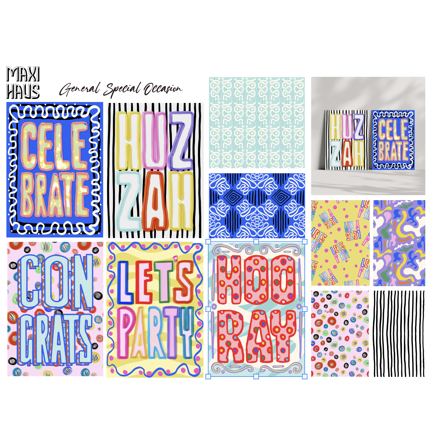 Surface Pattern design for Greeting Cards party decorations with signs that read "Congratulations," "Let's Party," "Hooray," and "Celebrate," featuring bright patterns and bold lettering.