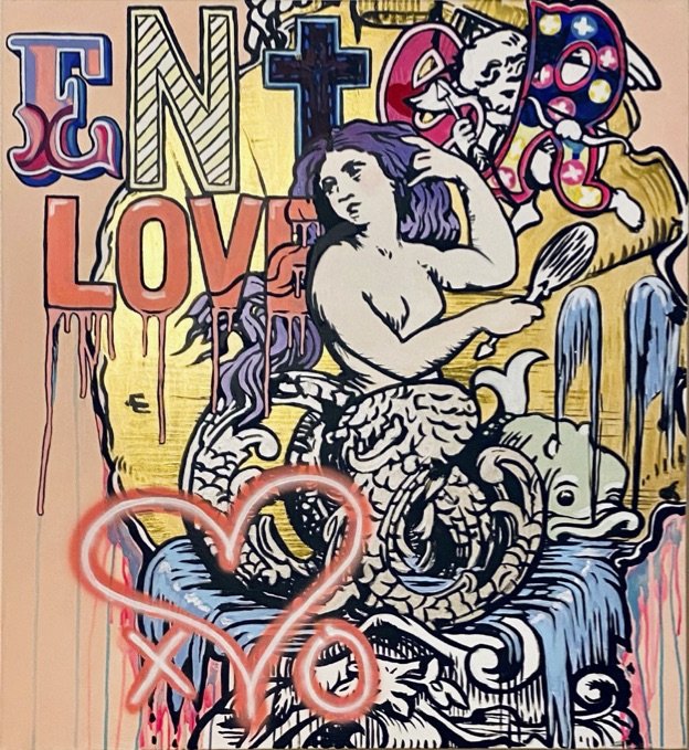 Colorful graffiti art featuring a mermaid with purple hair, surrounded by words like "ENTERTAINMENT," "LOVE," and a neon heart symbol, with waterfalls and abstract designs.