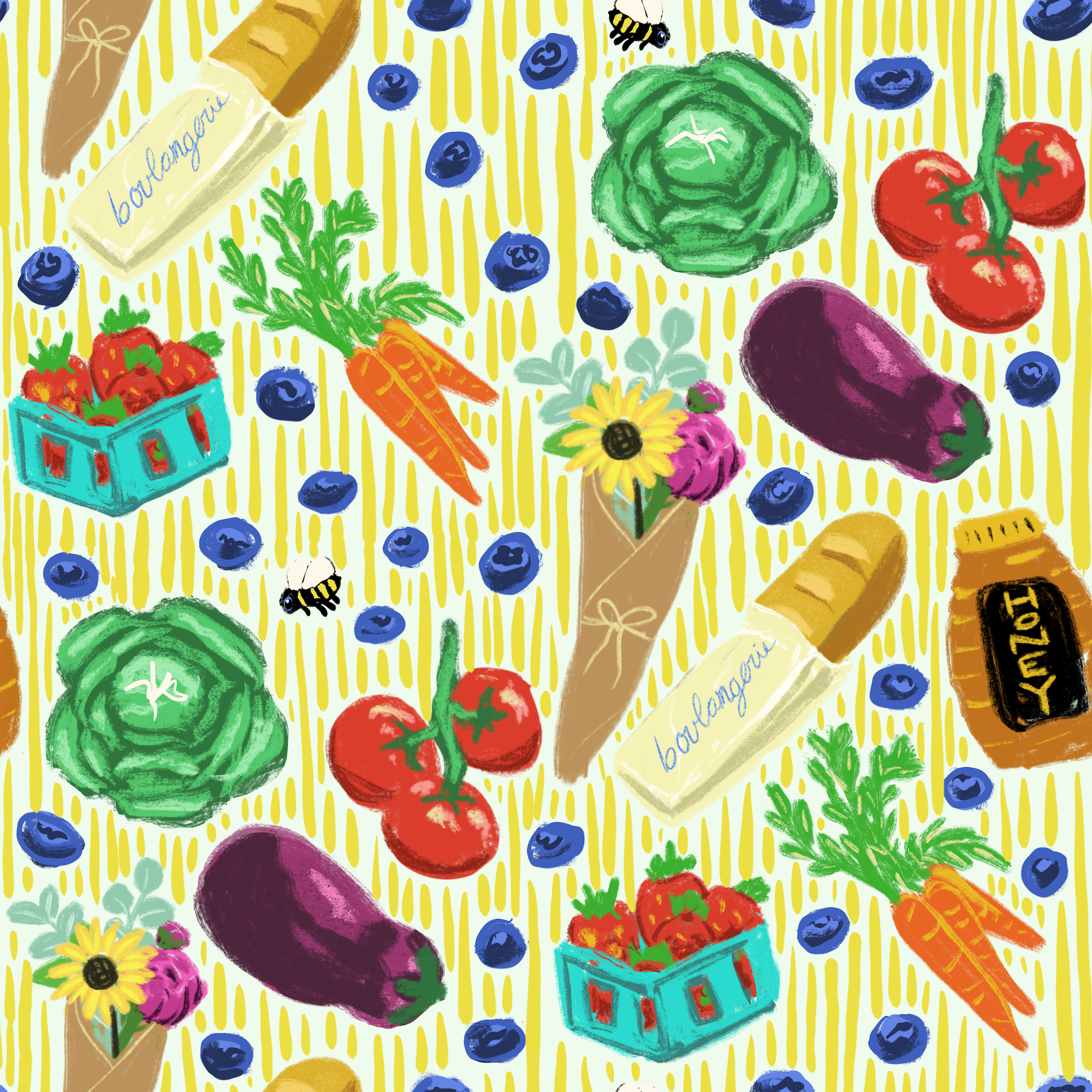 Colorful pattern with vegetables, fruits, flowers, honey, and bees on a yellow striped background.