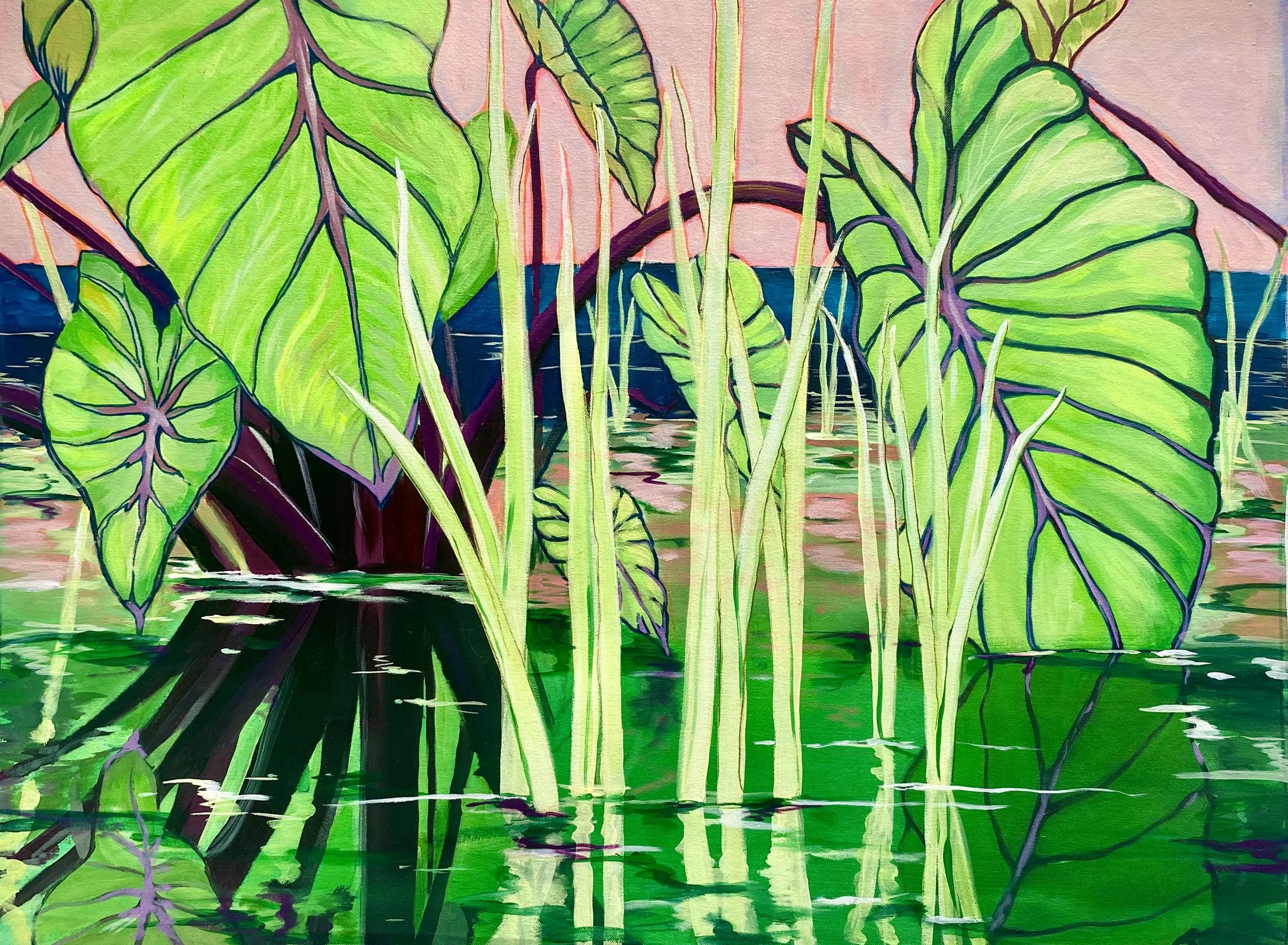 Brightly colored illustration of large green leaves with purple veins and tall green stalks emerging from a body of water with reflections, set against a pink and blue sky background.