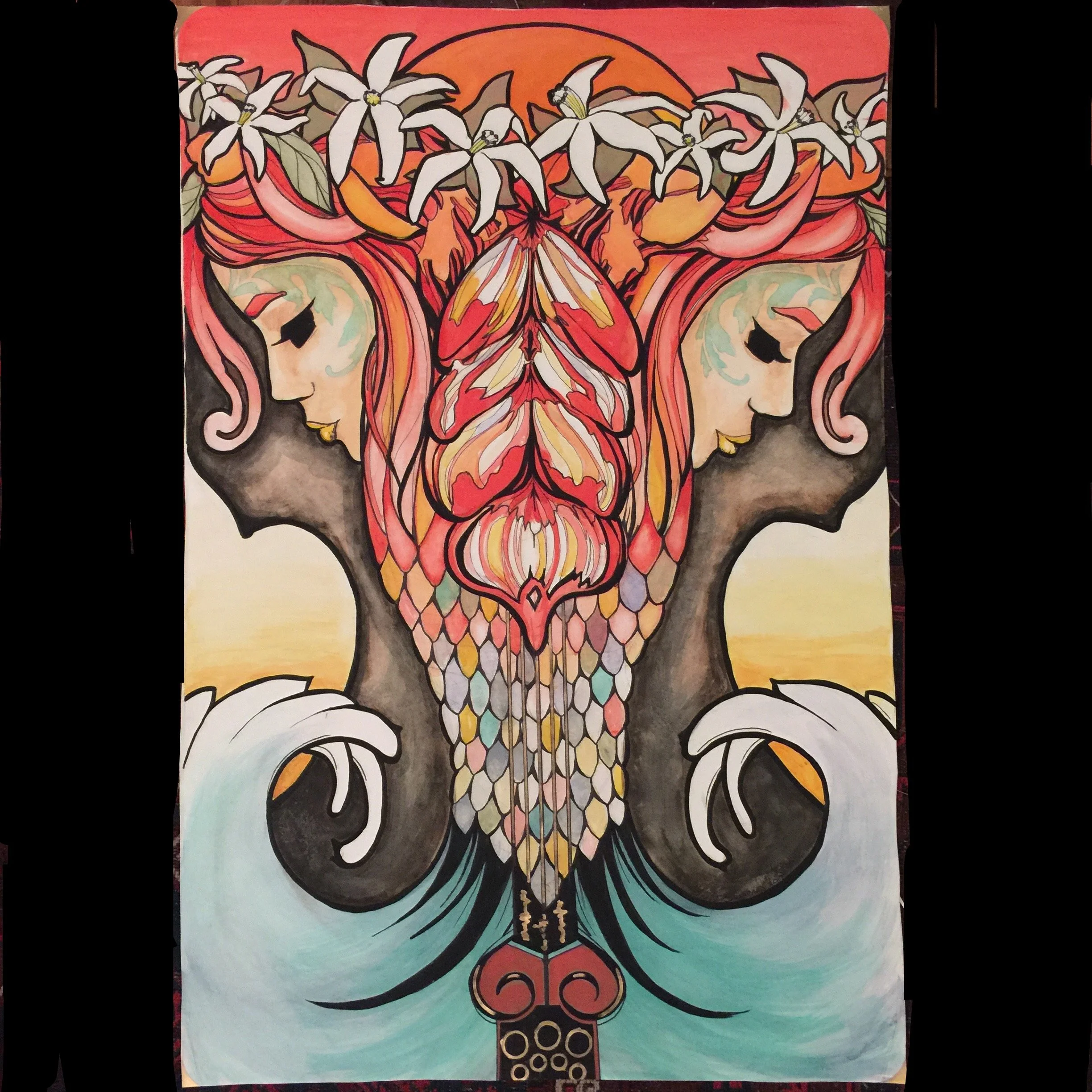 A colorful abstract painting of a face with two symmetrical profiles, blending human and artistic elements, with floral and wave motifs and vibrant colors.