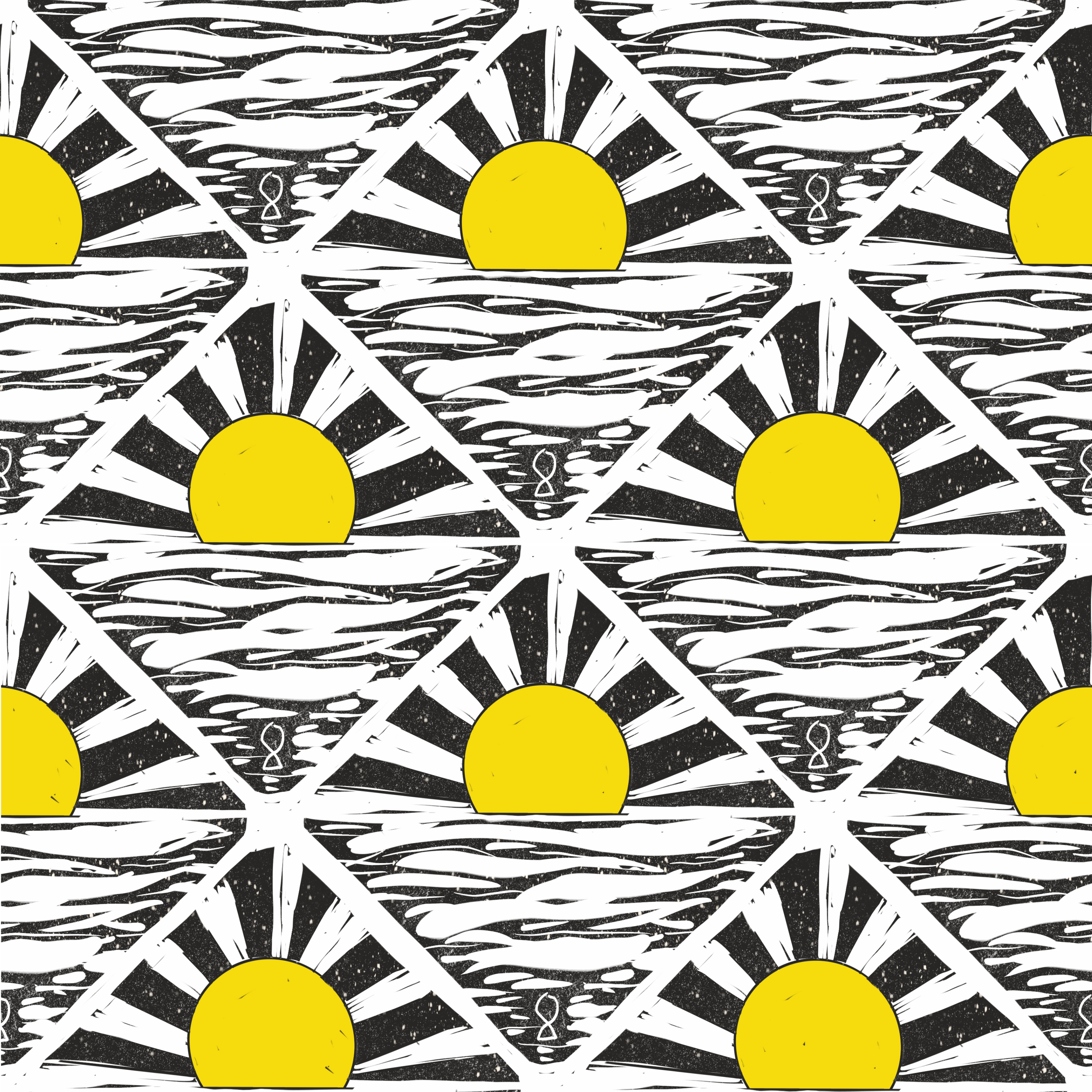Repeating pattern of stylized yellow sun with black and white background resembling clouds and sky, arranged in a diamond grid.