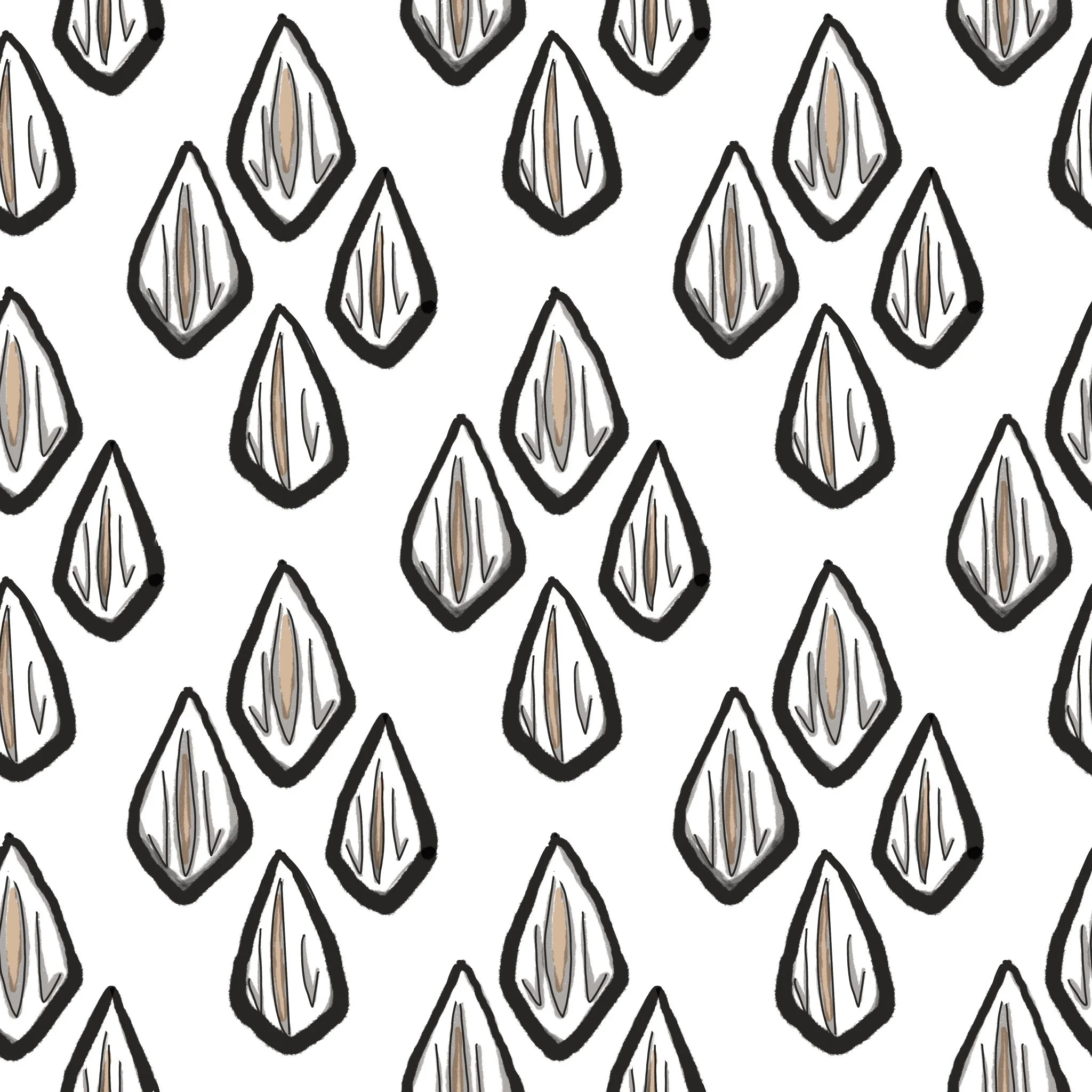 Pattern of stylized raindrops with black outlines, filled with shades of gray and beige on a white background.