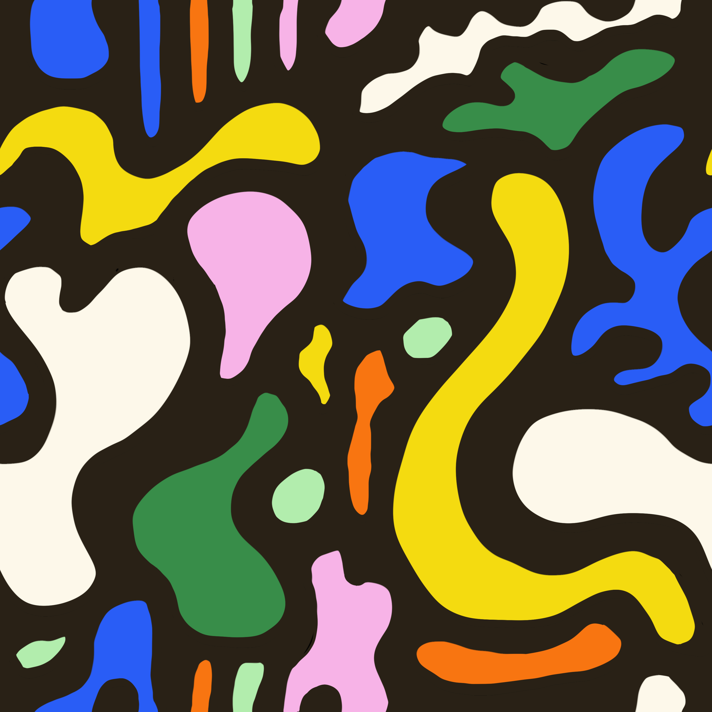 Abstract colorful shapes and squiggles on a black background.