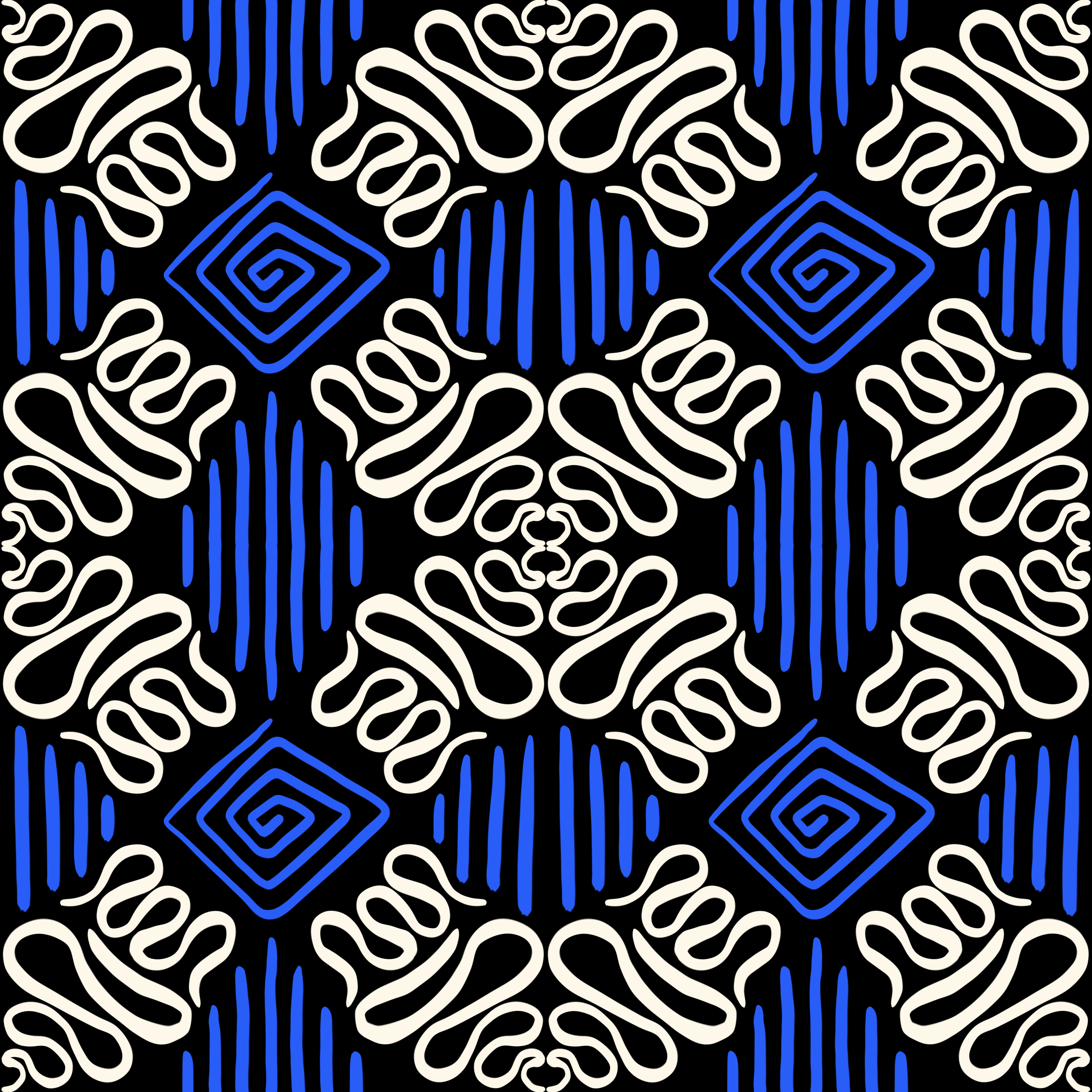 A geometric, abstract pattern with black background, white curvy lines, blue lines, and blue spiral diamond shapes, creating a symmetrical, intricate design.