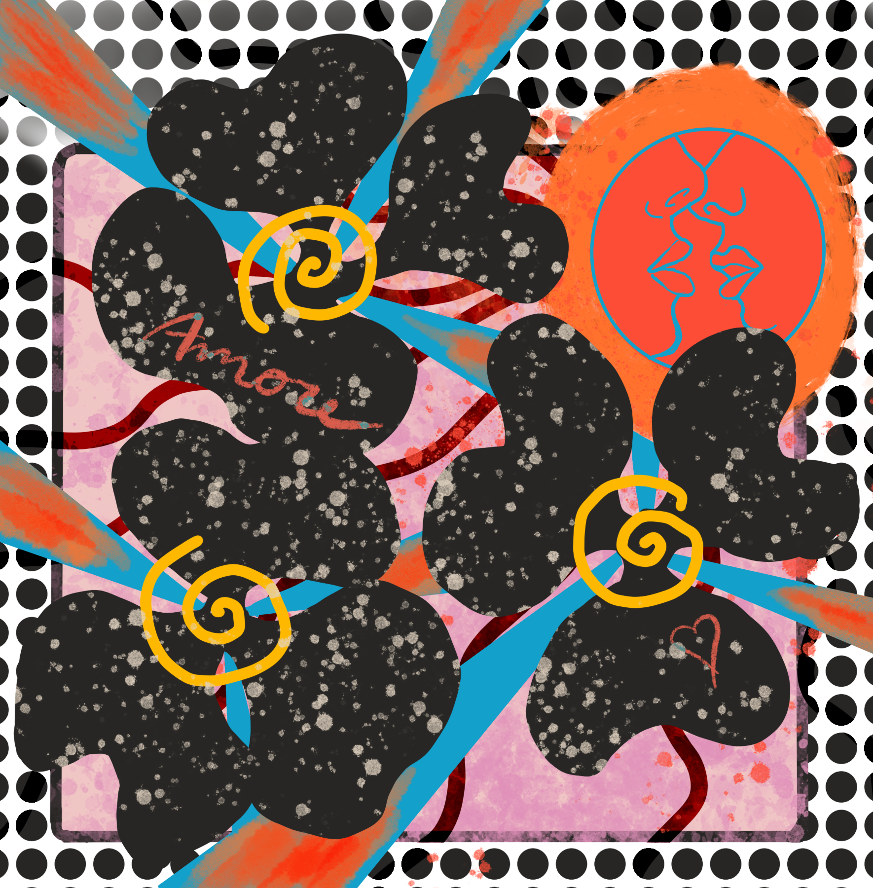 Abstract artwork with black heart-shaped forms, some with the word 'Amour' written, surrounded by colorful lines, a blue-outlined face profile, and a dotted background.