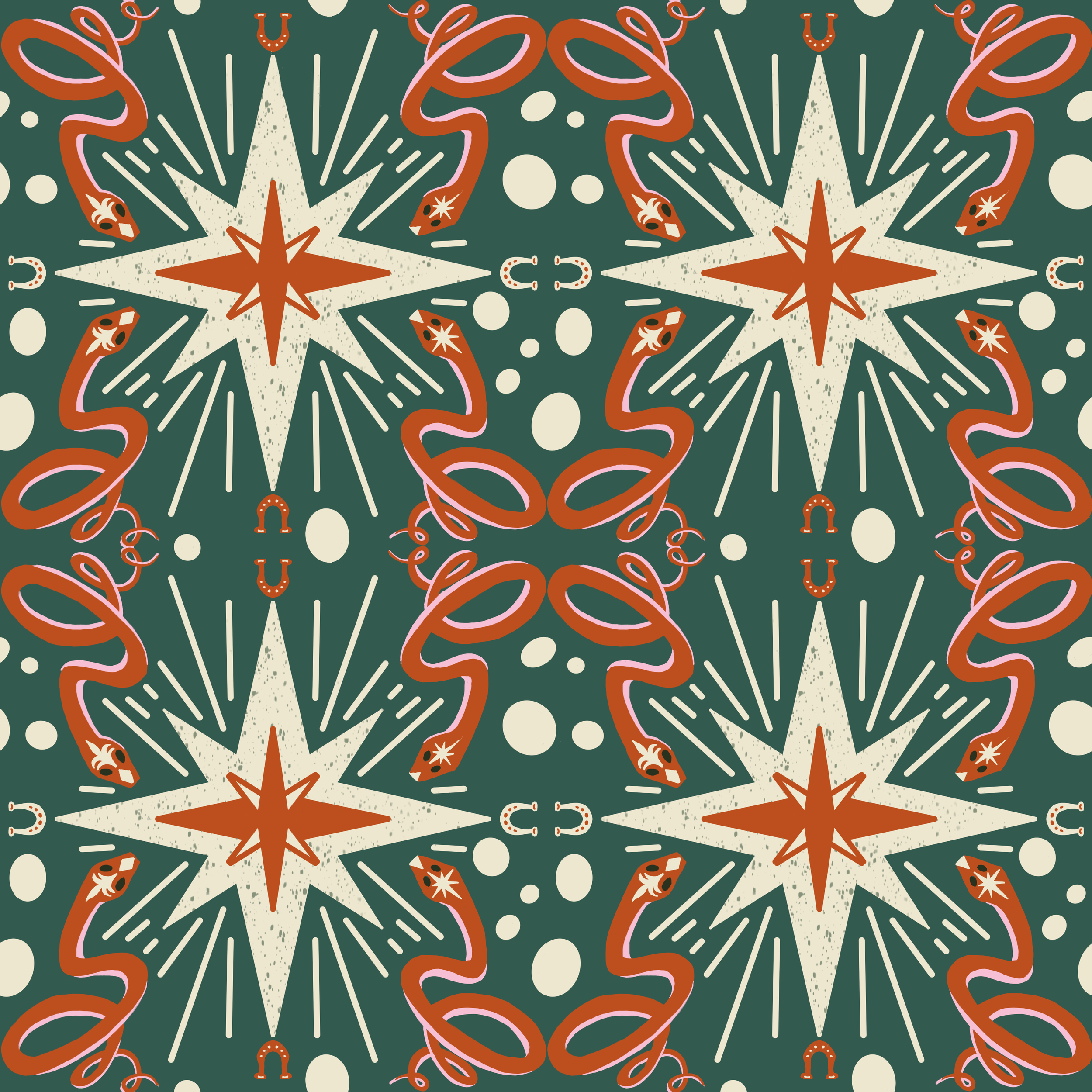 Pattern featuring white stars with orange accents, red and orange snakes, small horseshoes, and white dots on a dark green background.