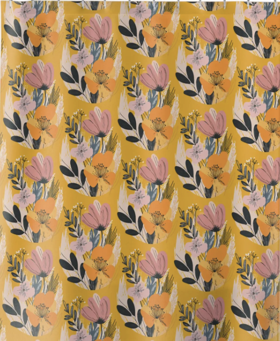 Pattern of floral design with pink, orange, and purple flowers with dark leaves on a yellow background