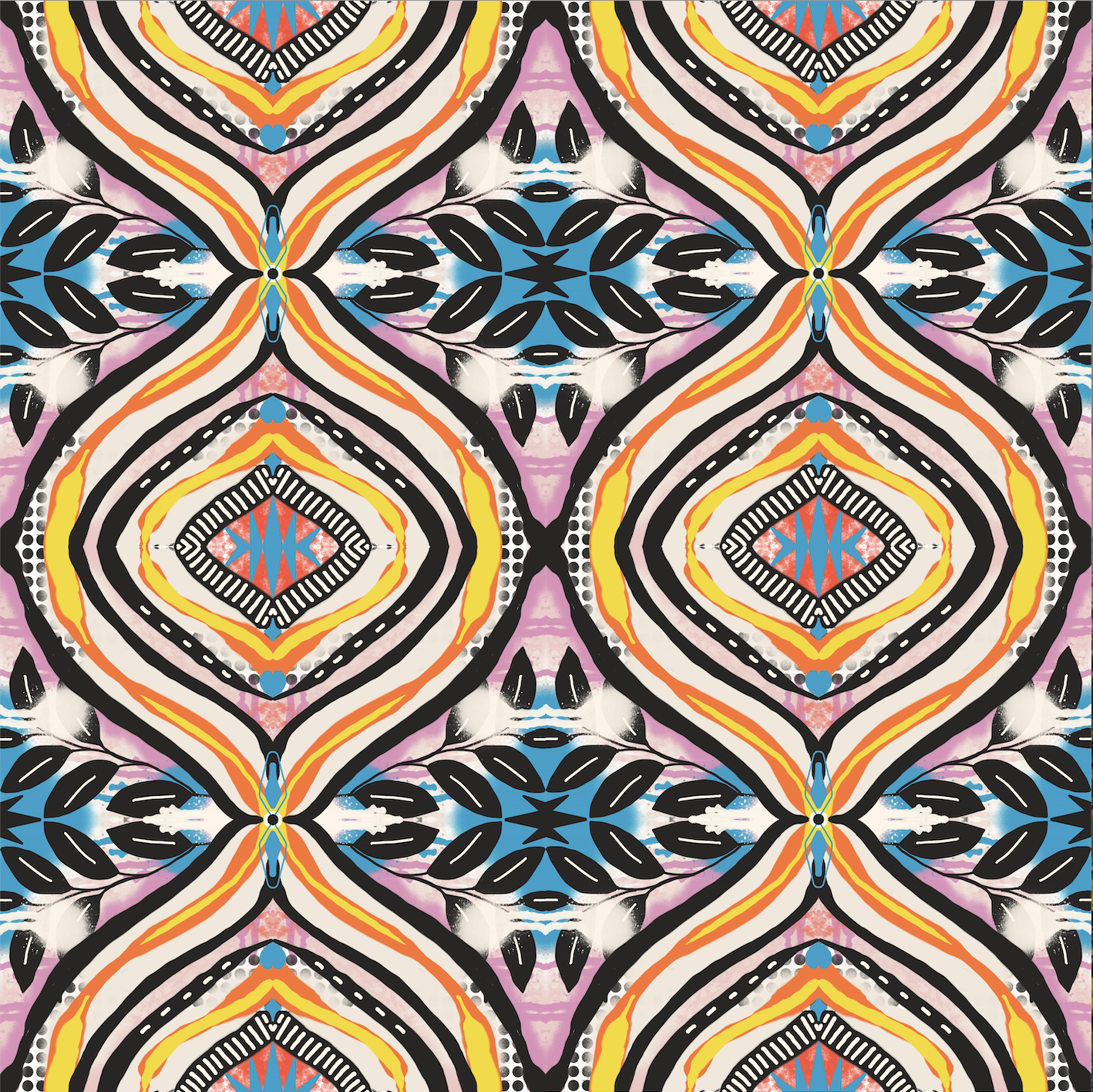 A vibrant, symmetrical, abstract geometric pattern with black, yellow, orange, pink, blue, and white colors. The design features diamond shapes, curved lines, and leaf-like elements, creating an intricate, kaleidoscope effect.