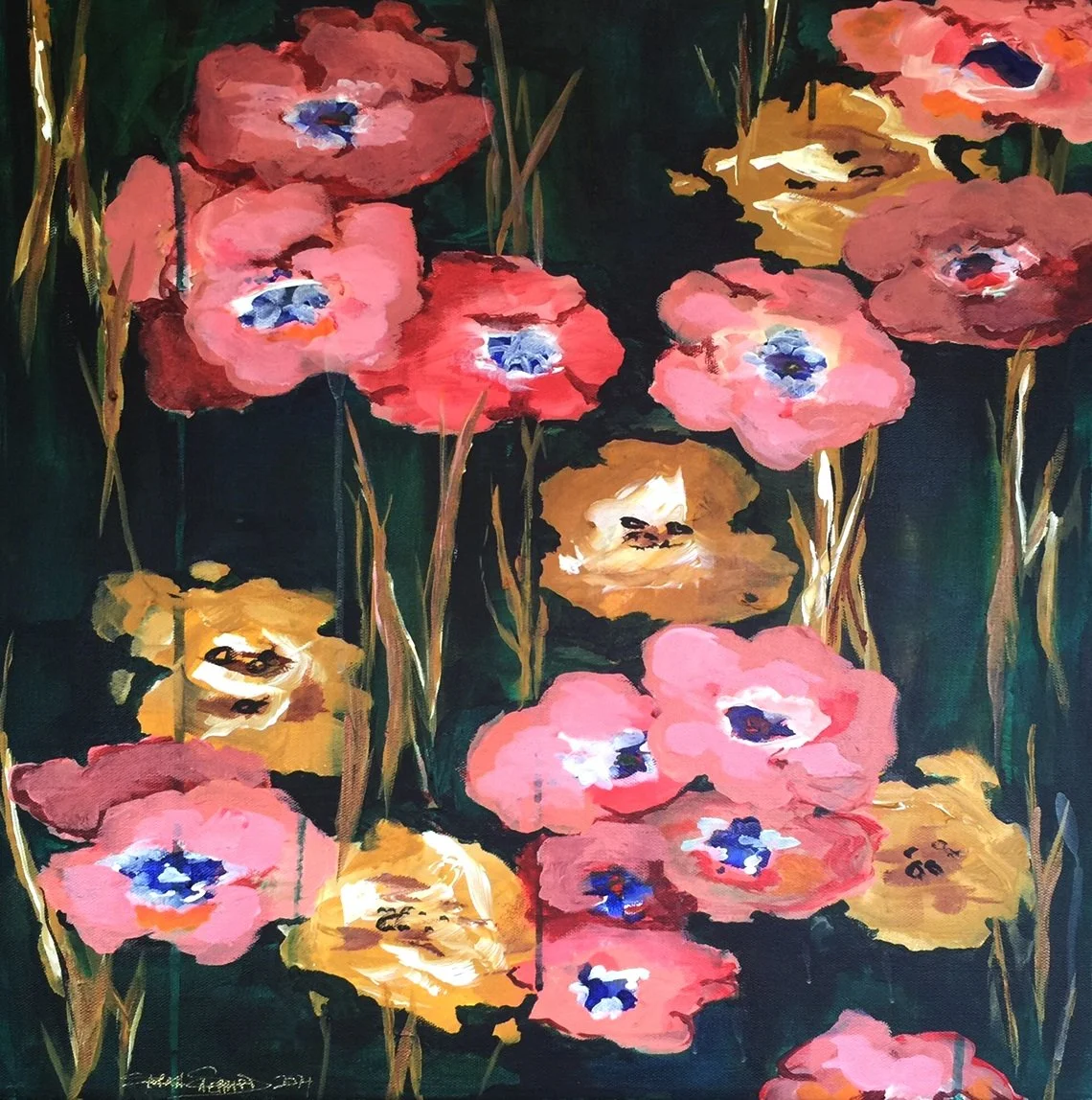 Abstract painting of pink, yellow, and red flowers with blue centers on a dark background.