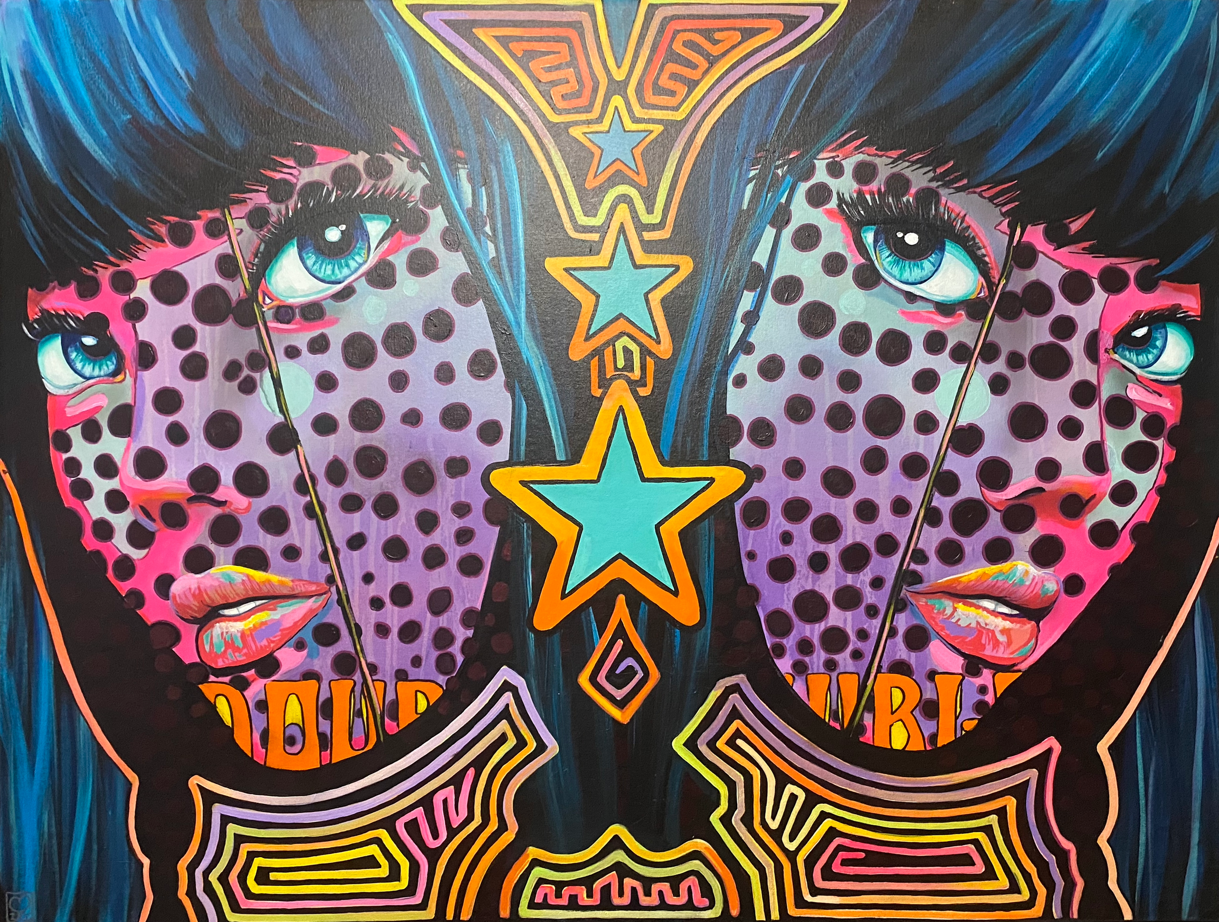 Artwork of two women's faces with blue eyes and lips, pink and purple skin with black dots, and abstract neon-colored patterns and stars in the center.