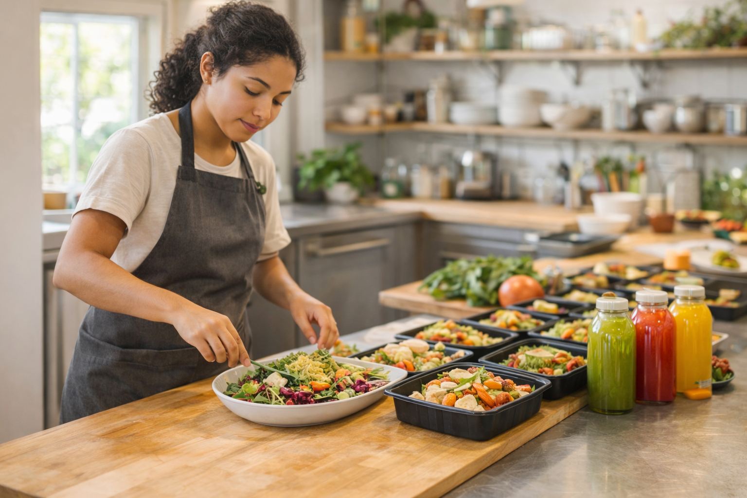 A woman preparing meal prep salads in a kitchen with multiple bowls of salad, bottles of salad dressings, and ingredients on a wooden countertop.