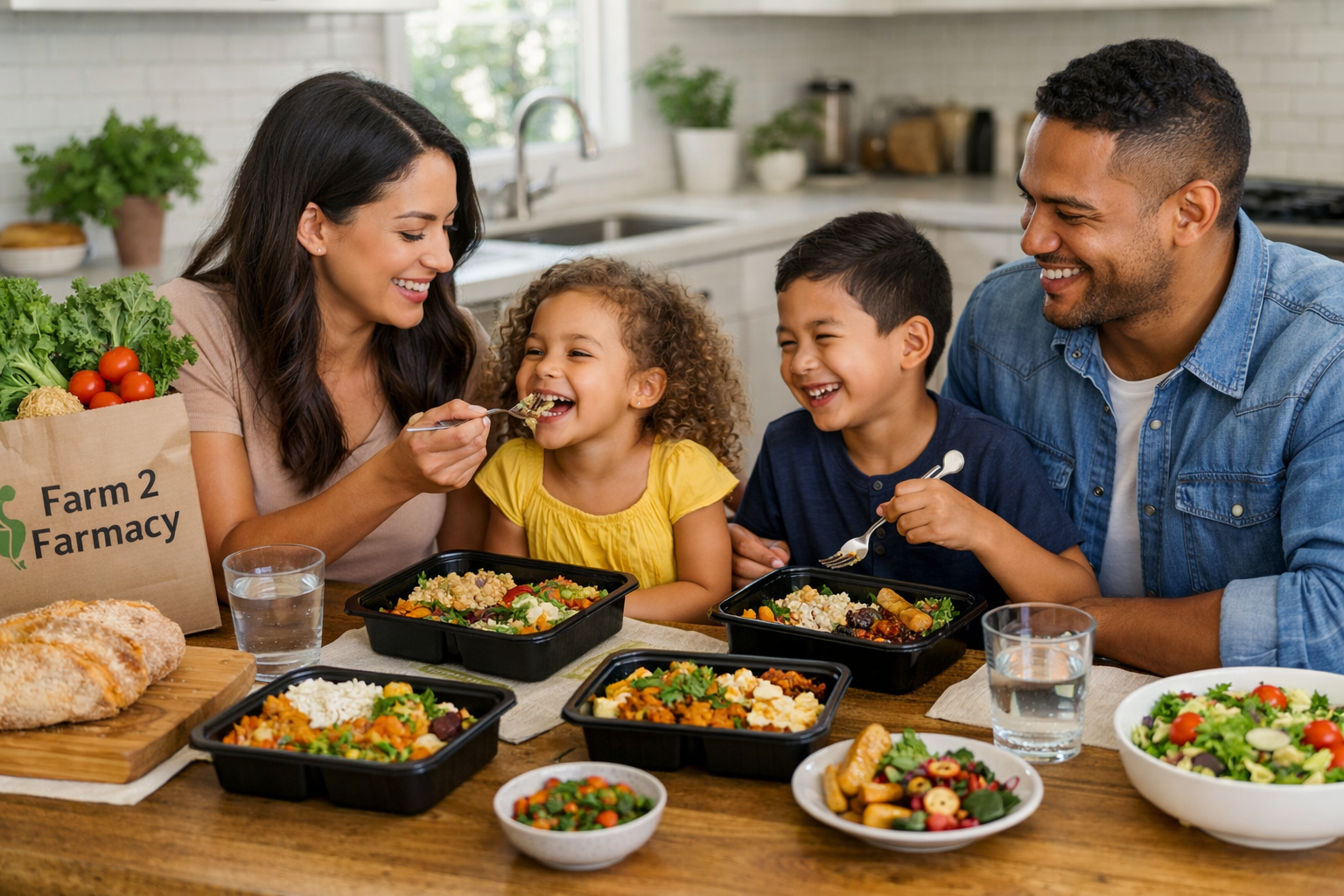 Family of four enjoying a meal together at a kitchen table with various salads and a sandwich, with a paper grocery bag labeled 'Farm 2 Farmacy' and glasses of water.