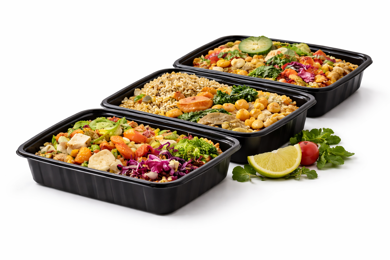 Three black meal prep containers filled with colorful salads, placed on a white surface with lemon wedge, cherry tomato, and greens nearby.